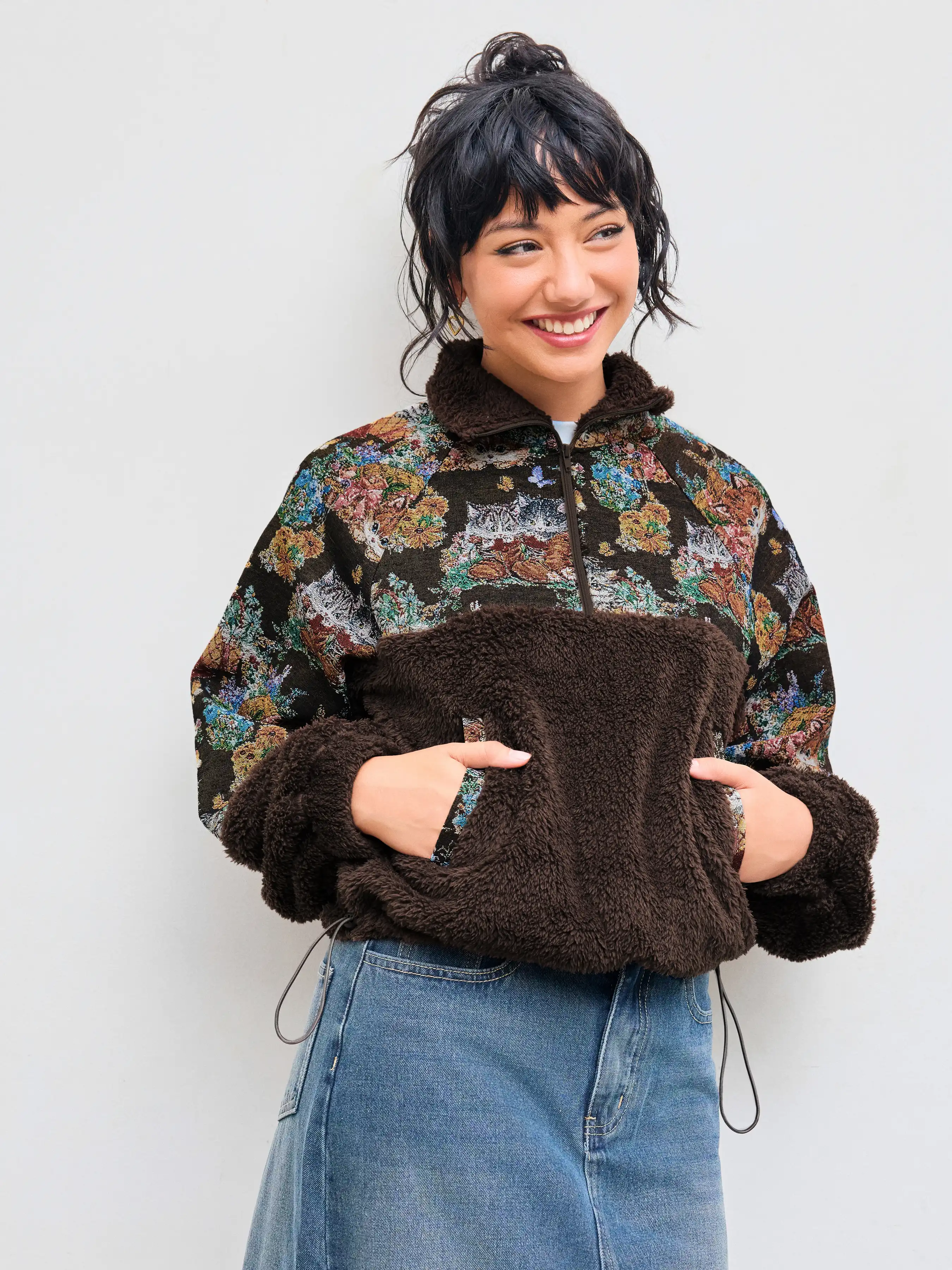 Fleece Collar Floral Cat Knotted Sweatshirt