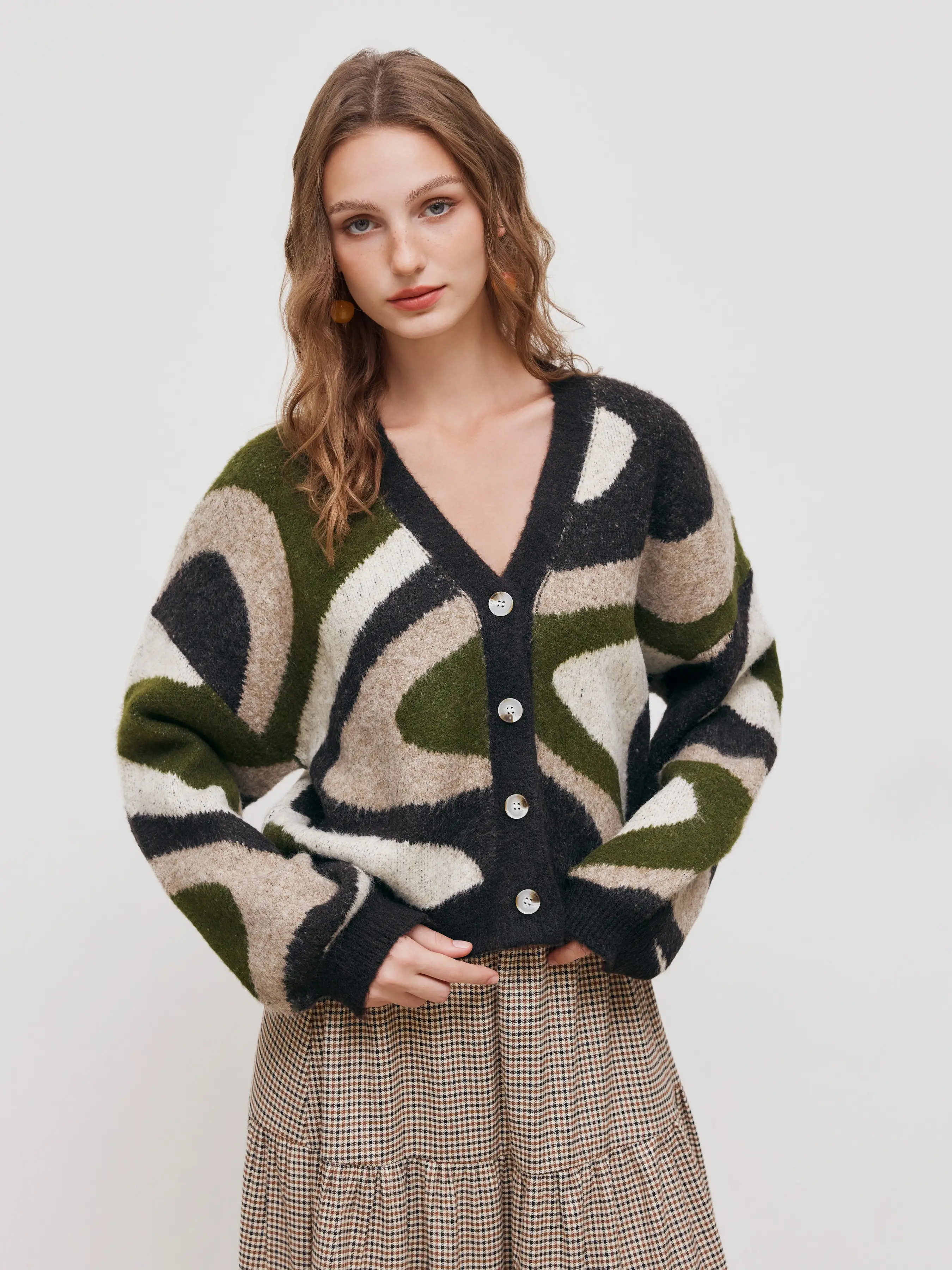 Knit Wool-blend V-neck Geometric Button Oversized Cardigan