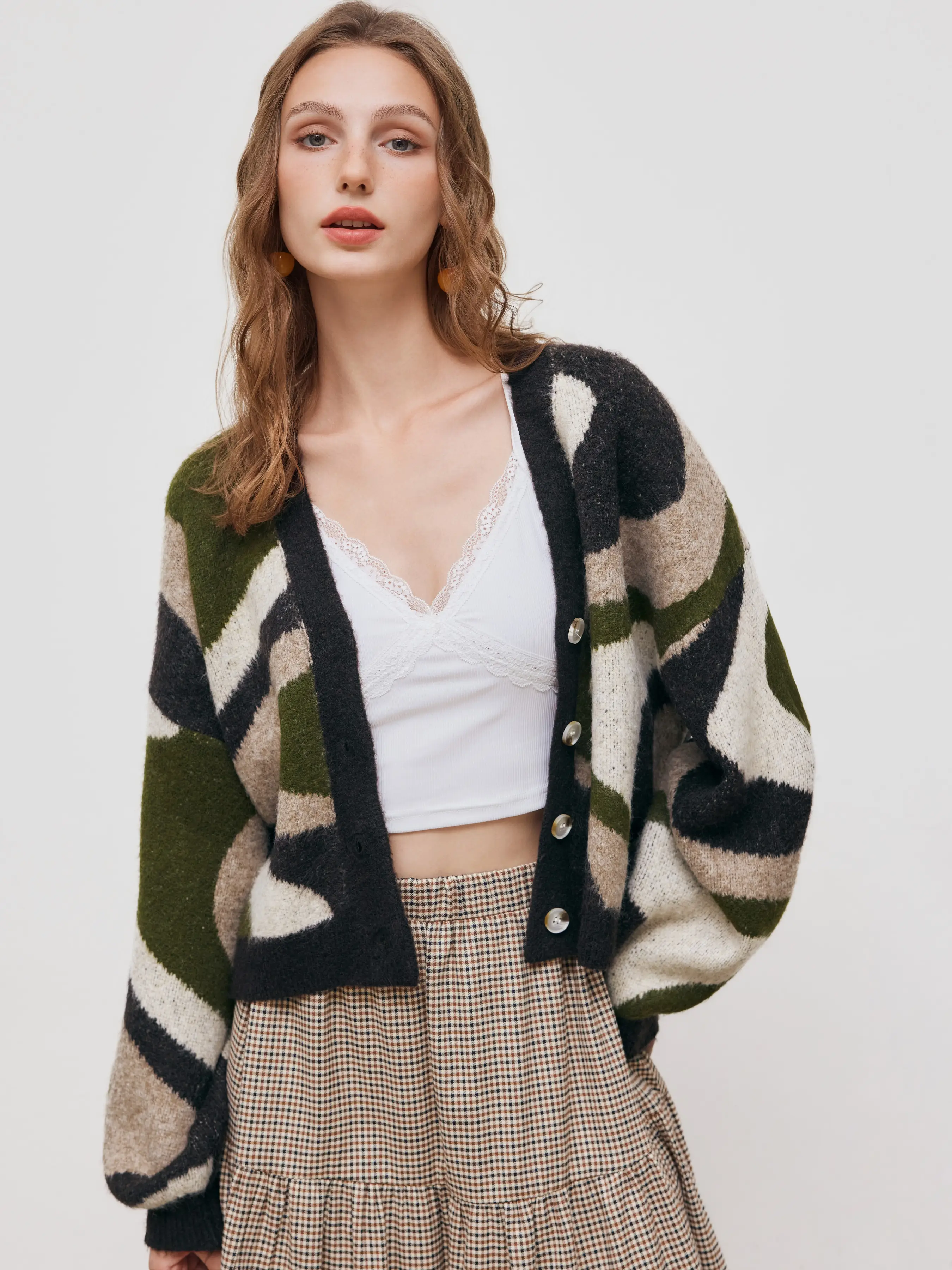 Knit Wool-blend V-neck Geometric Button Oversized Cardigan