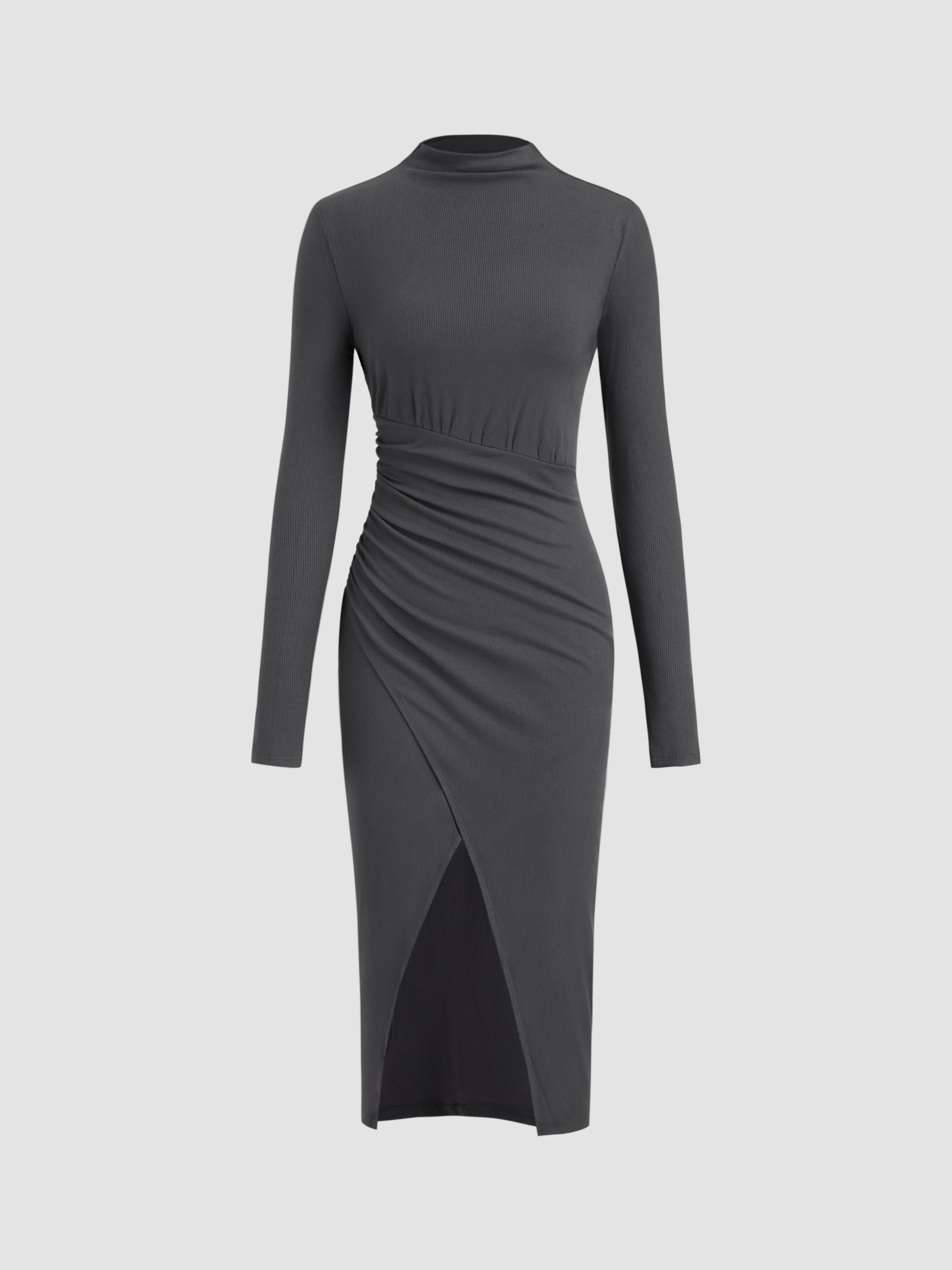 Stand Collar Split Ruched Midi Dress