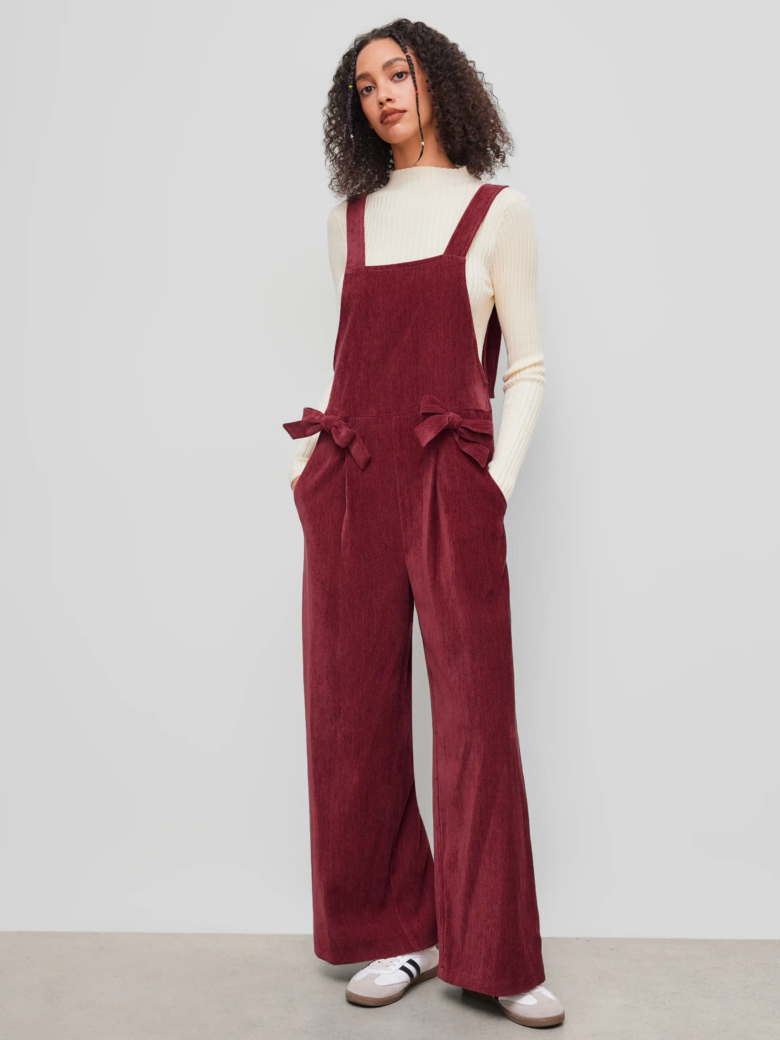 Corduroy Square Neck Bowknot Jumpsuit