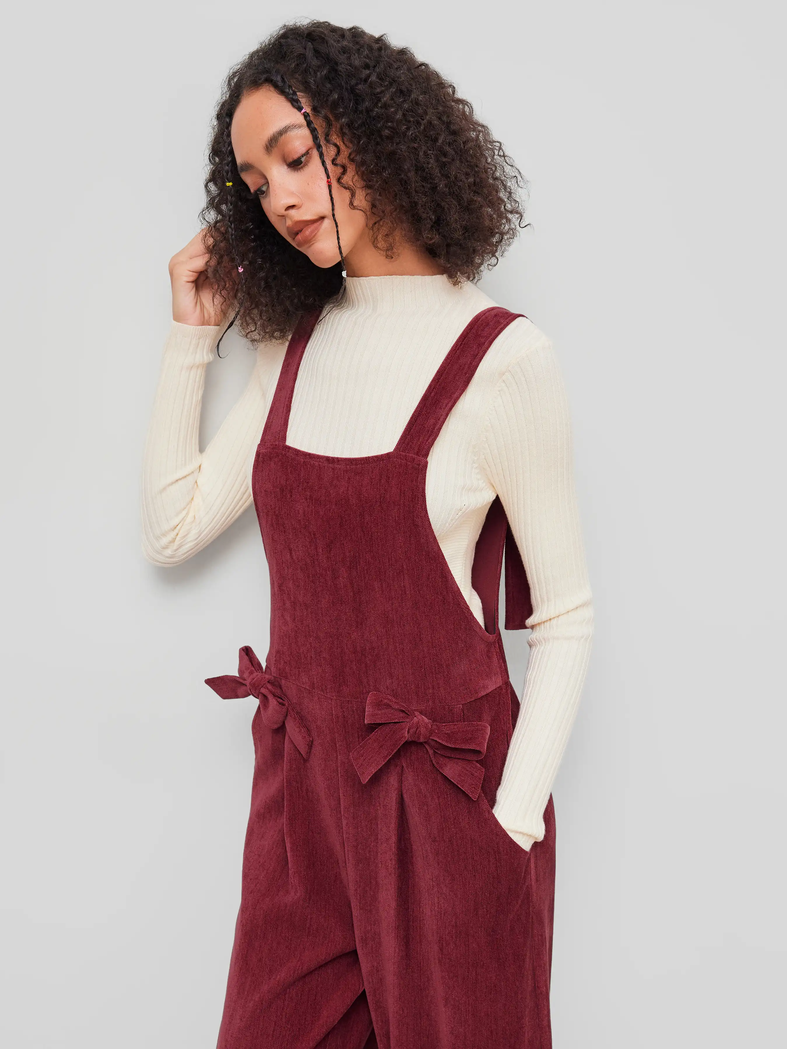 Corduroy Square Neck Bowknot Jumpsuit