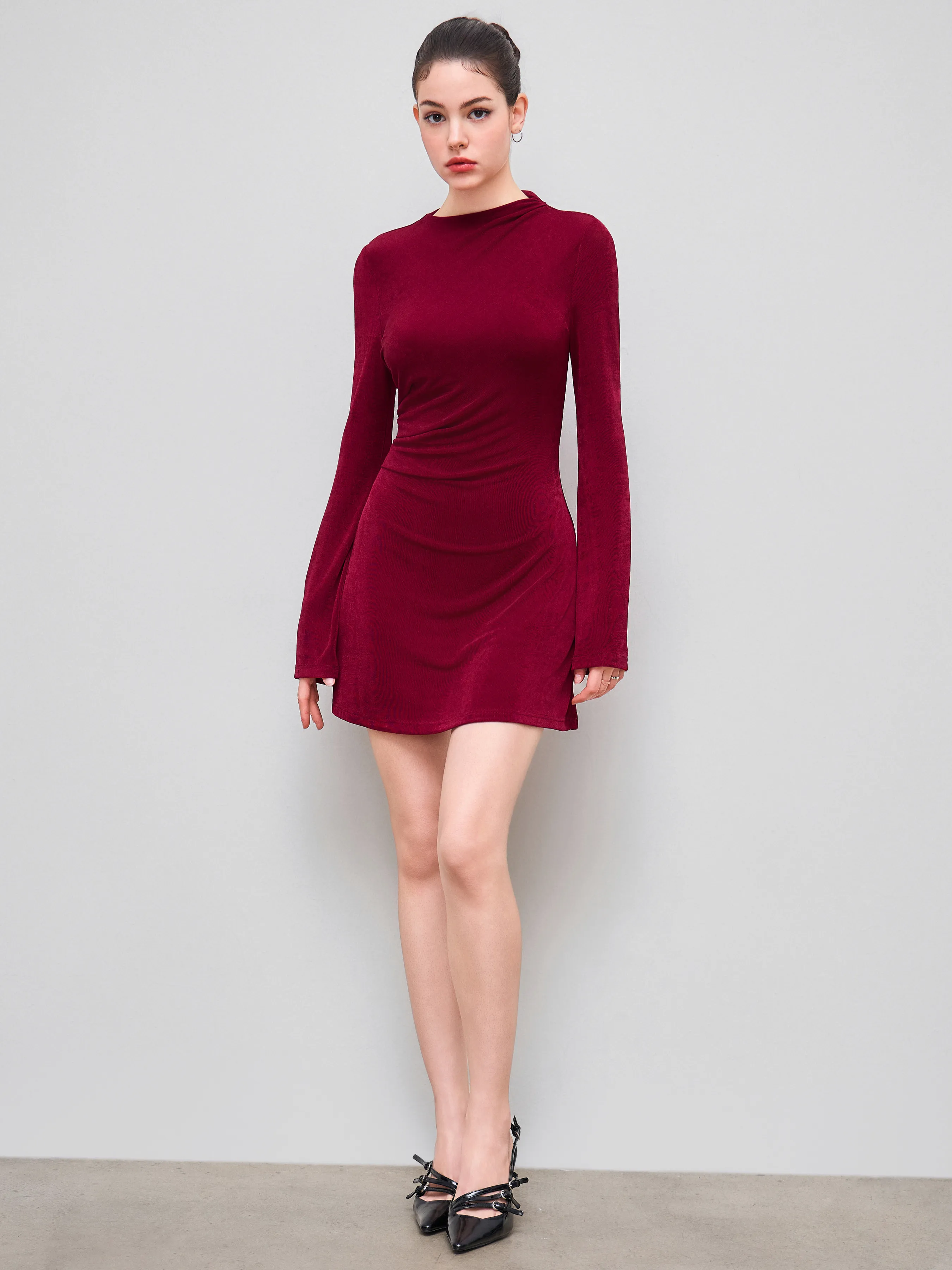 Asymmetrical Neck Ruched Bell Sleeve Mini Dress