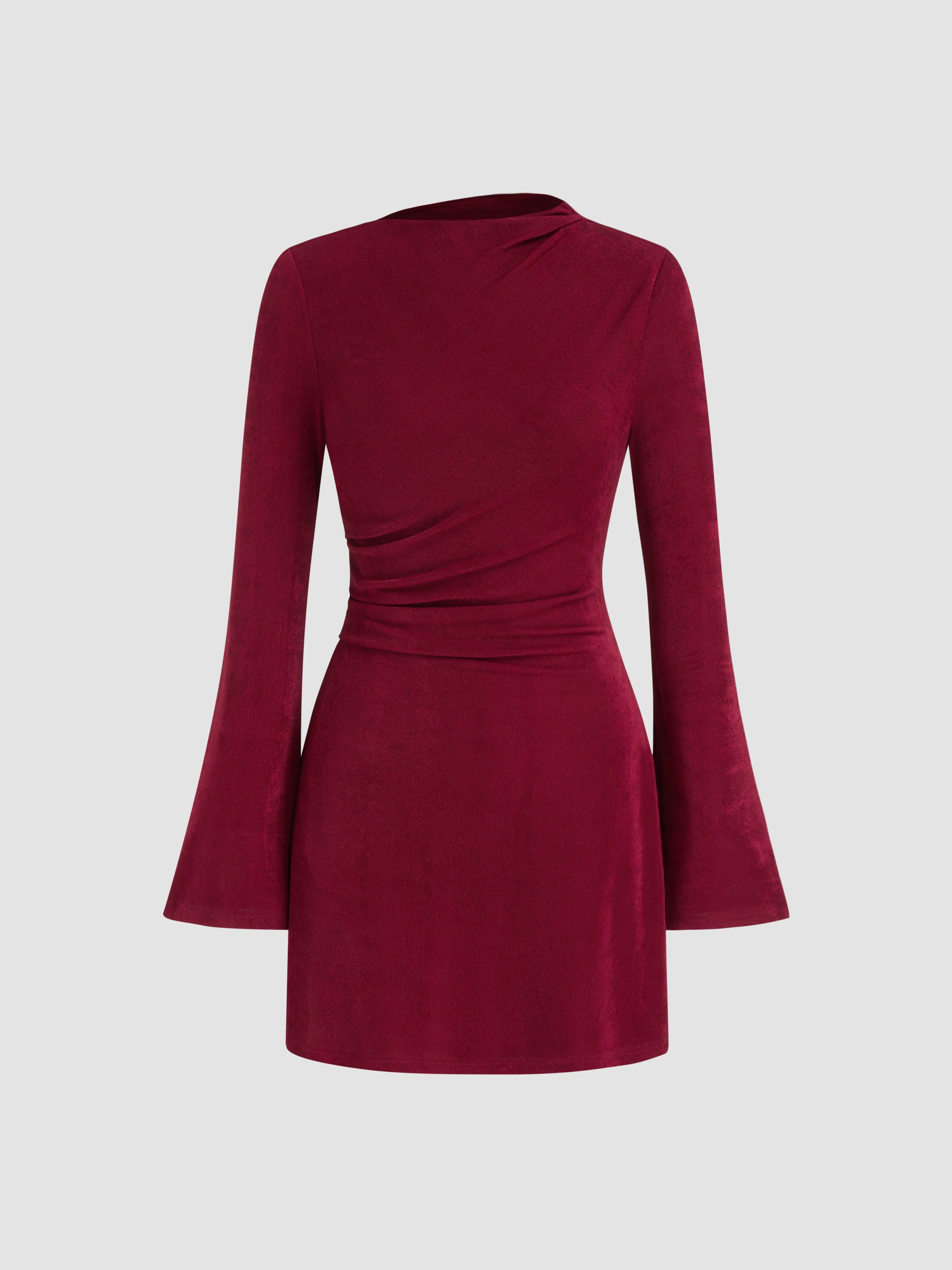 8946-asymmetrical-neck-ruched-bell-sleeve-mini-dress-1.webp