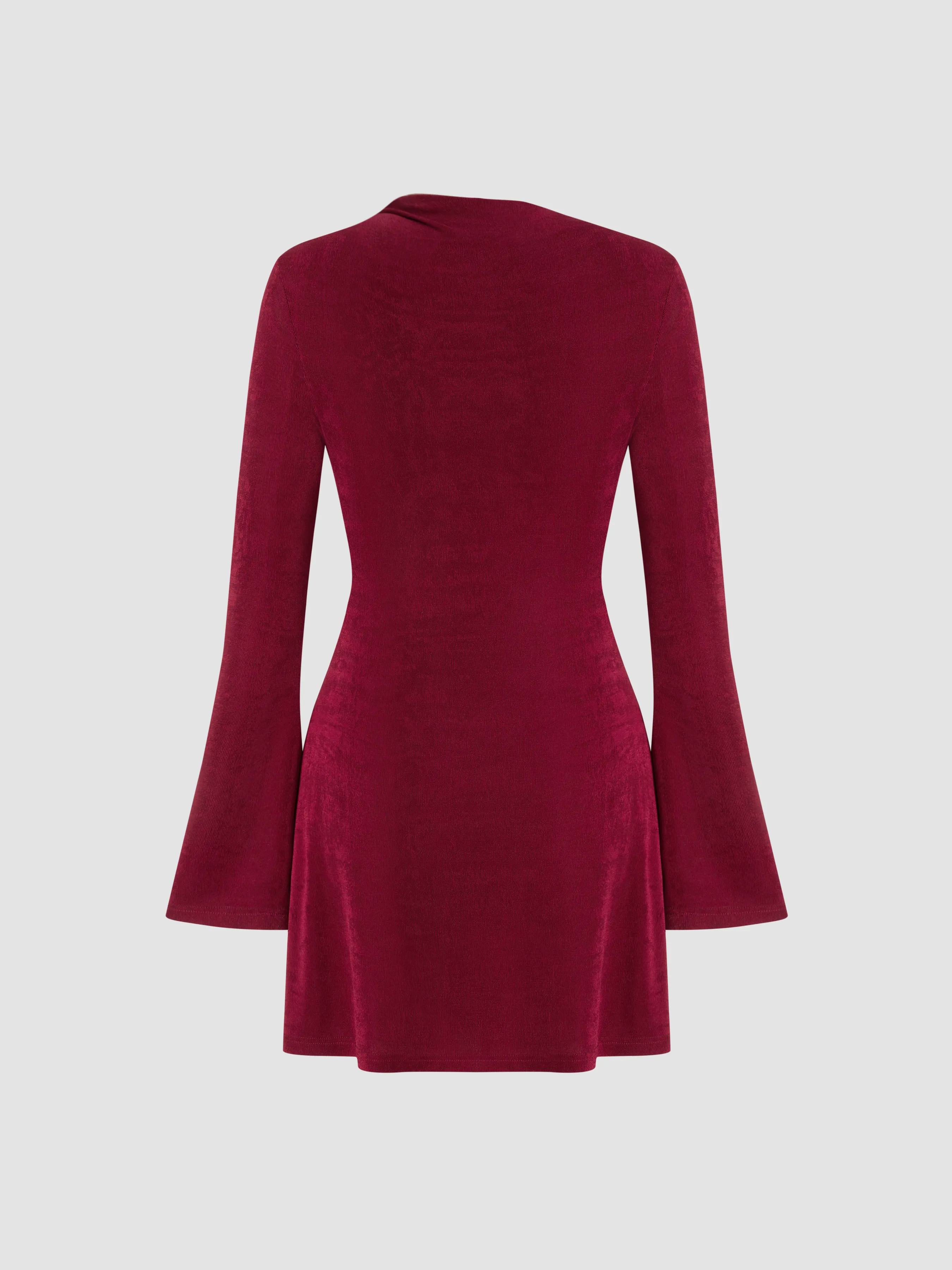 8946-asymmetrical-neck-ruched-bell-sleeve-mini-dress-1.webp
