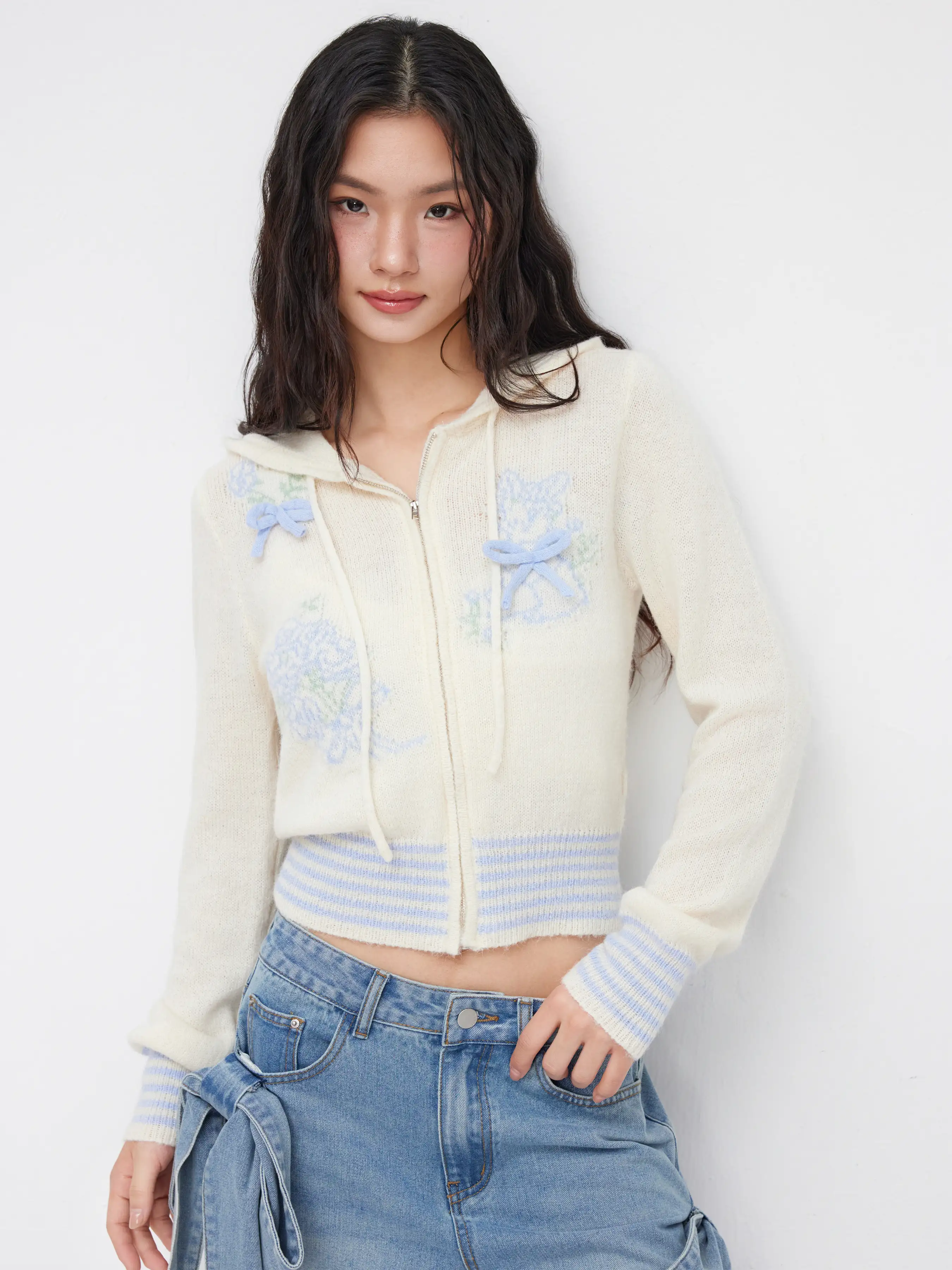 Wool-blend Crochet Hooded Bowknot Striped Zip Through Cardigan