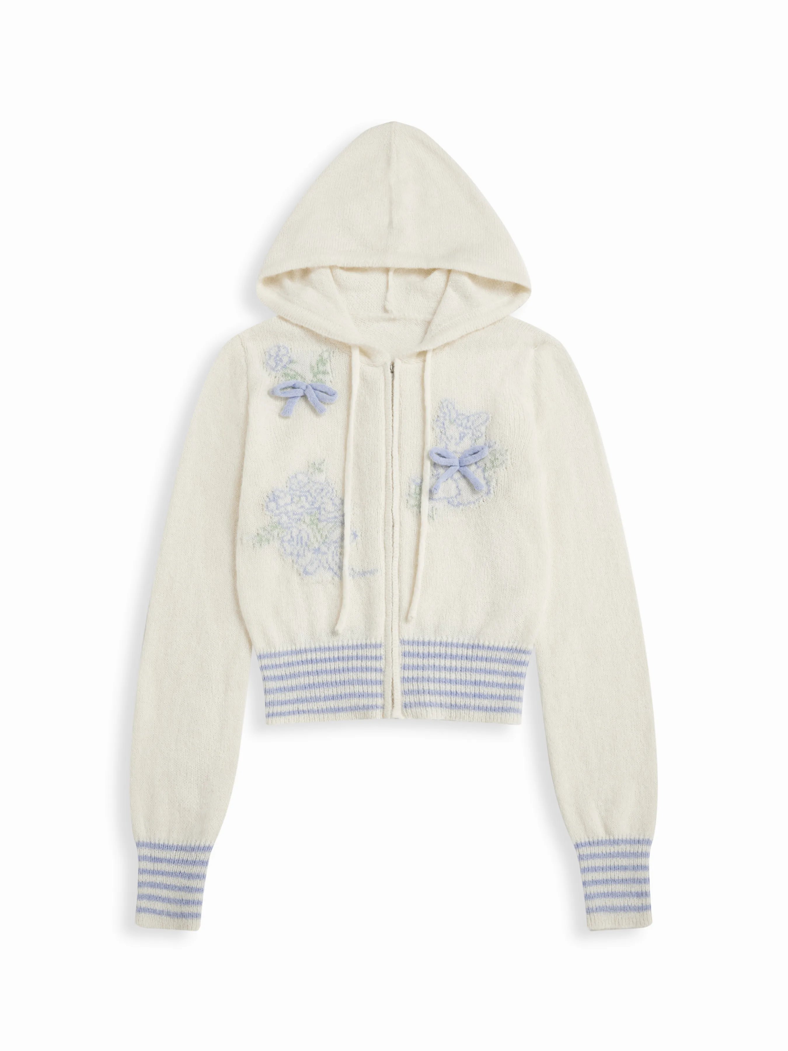Wool-blend Crochet Hooded Bowknot Striped Zip Through Cardigan
