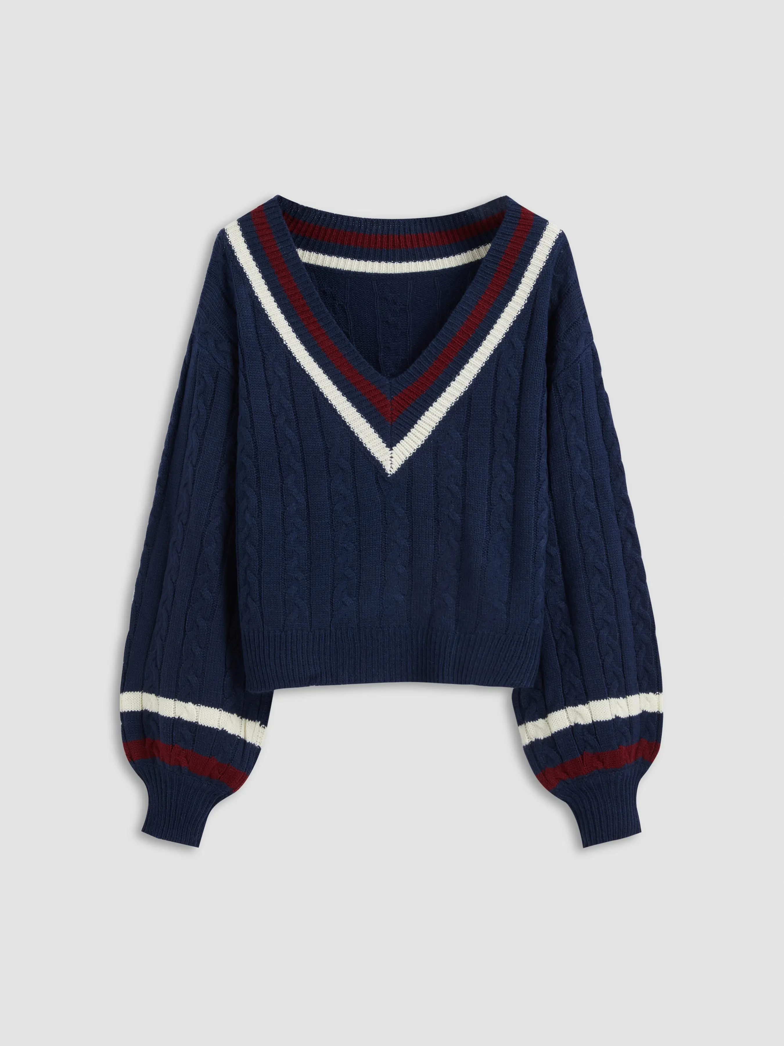 Cable Knit V-neck Solid Contrasting Binding Long Sleeve Top