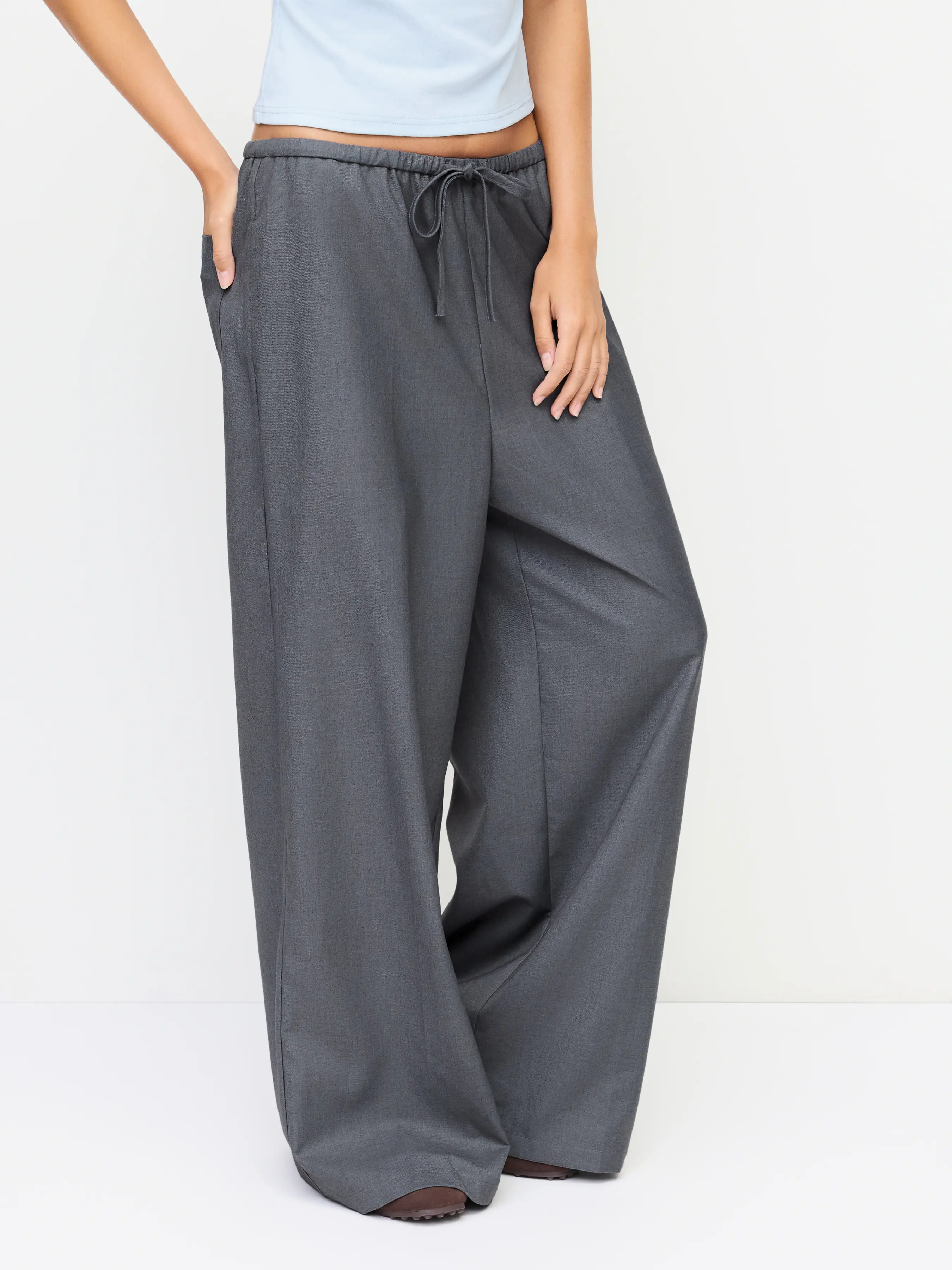 Low Rise Elastic Waist Drawstring Wide Leg Trousers