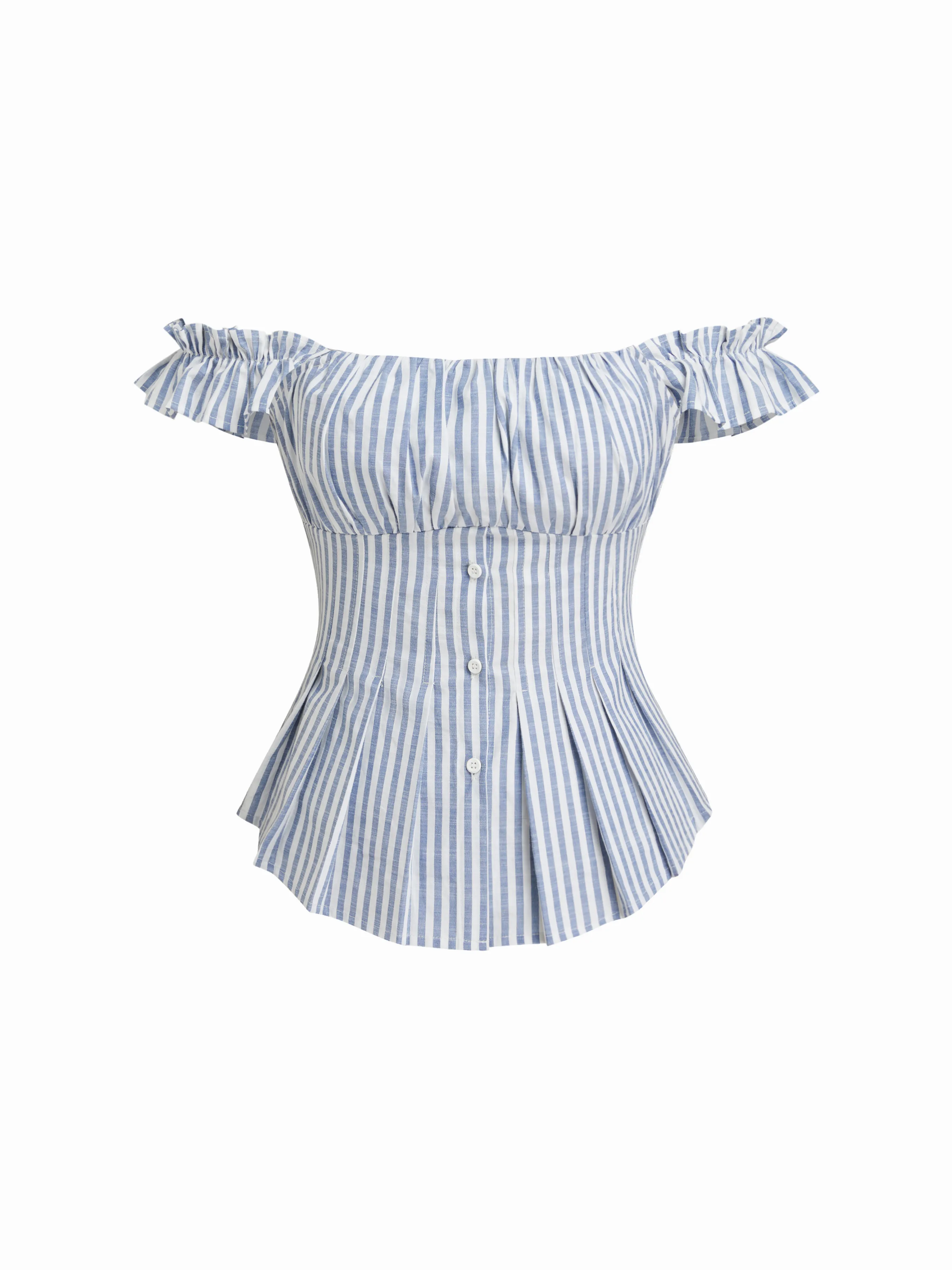 Cotton-blend Off-shoulder Stripe Pleated Lettuce Trim Blouse