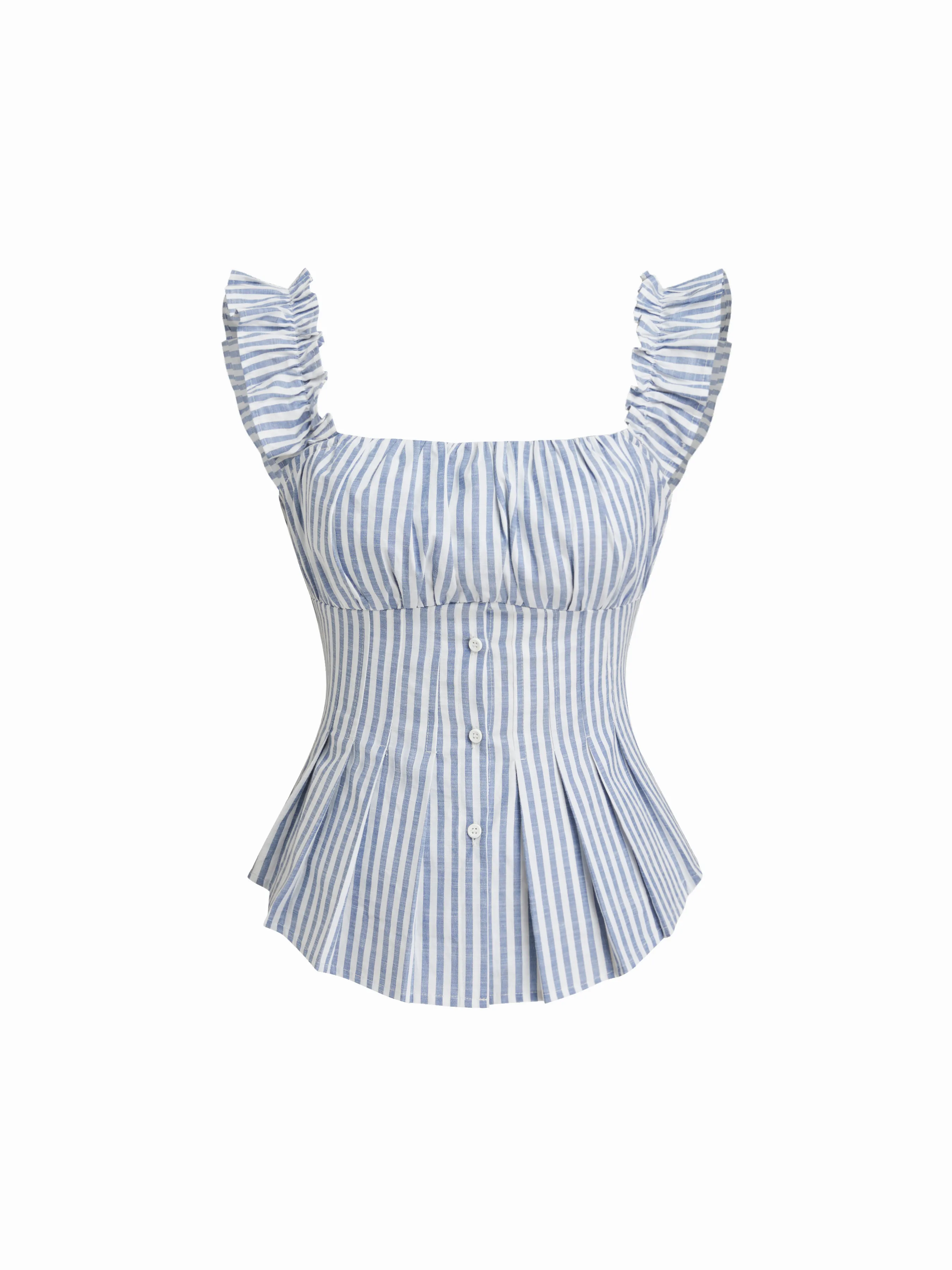 Cotton-blend Off-shoulder Stripe Pleated Lettuce Trim Blouse
