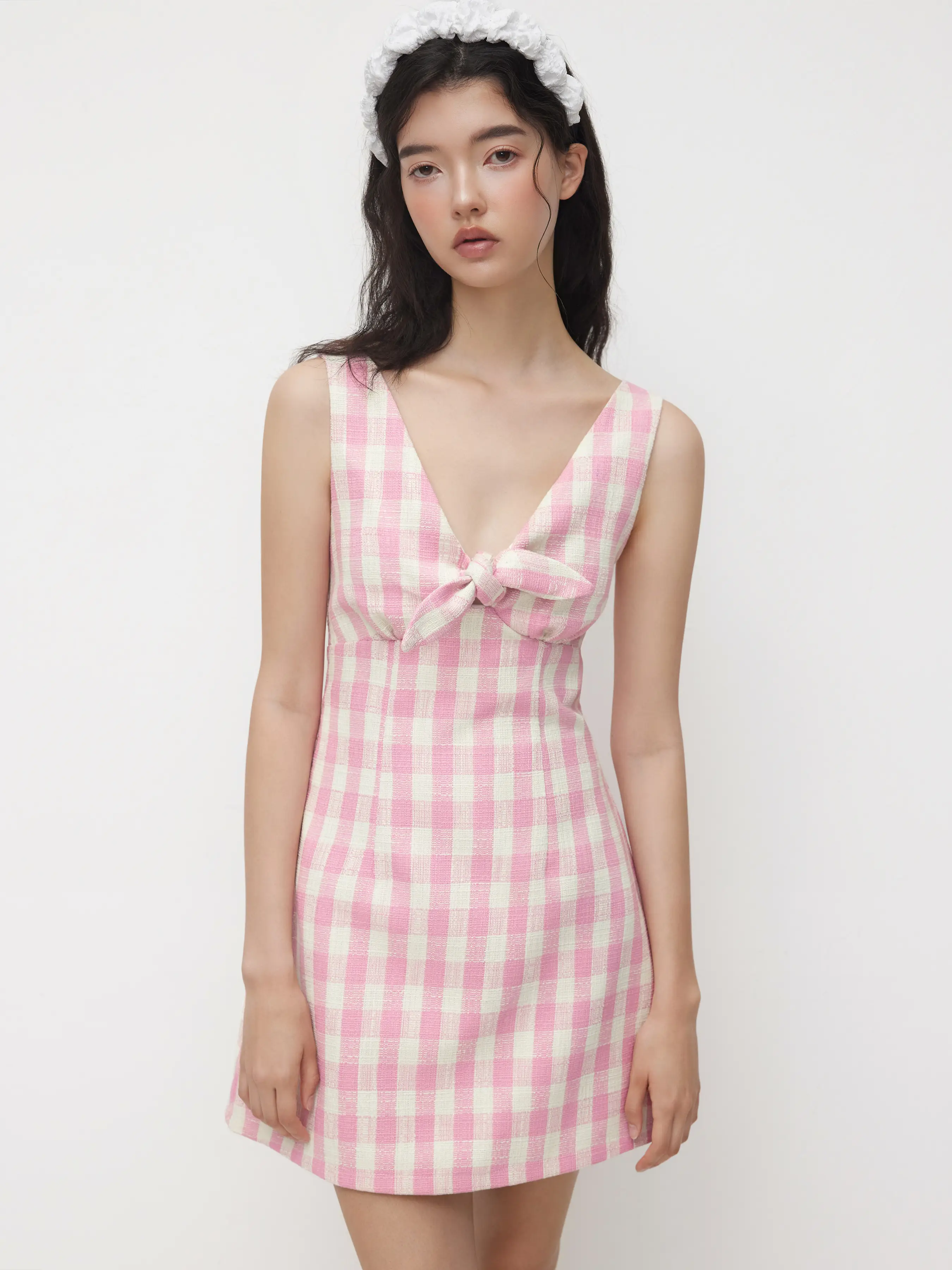 9080-v-neck-check-knotted-mini-dress-1.webp