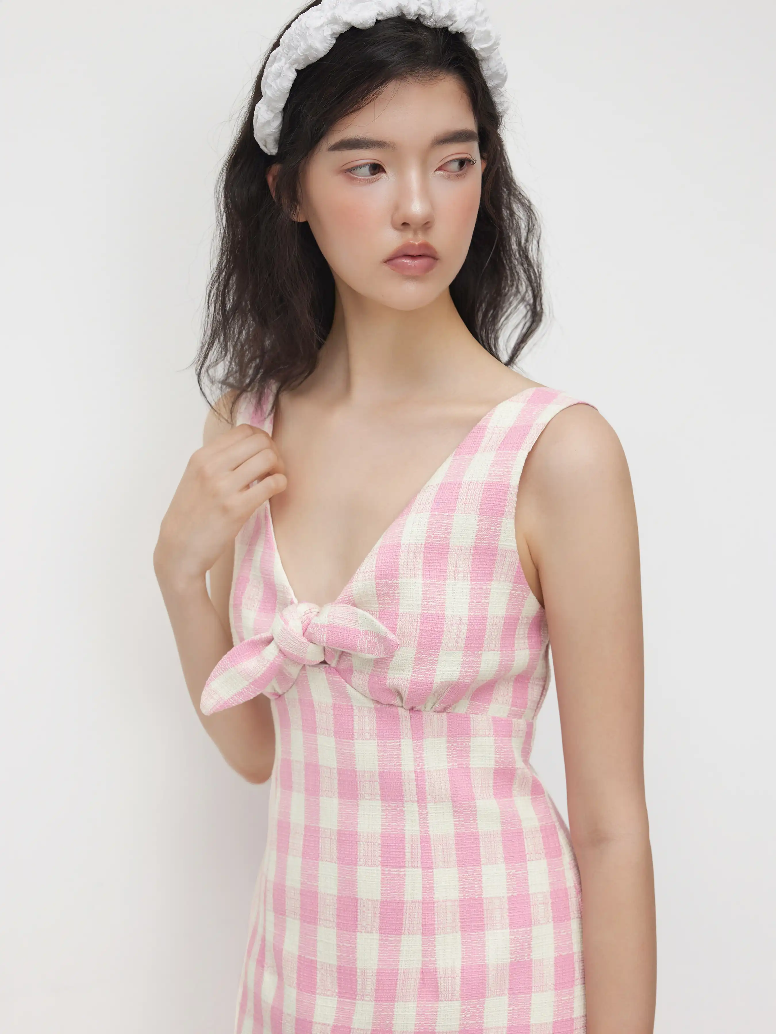 9080-v-neck-check-knotted-mini-dress-1.webp