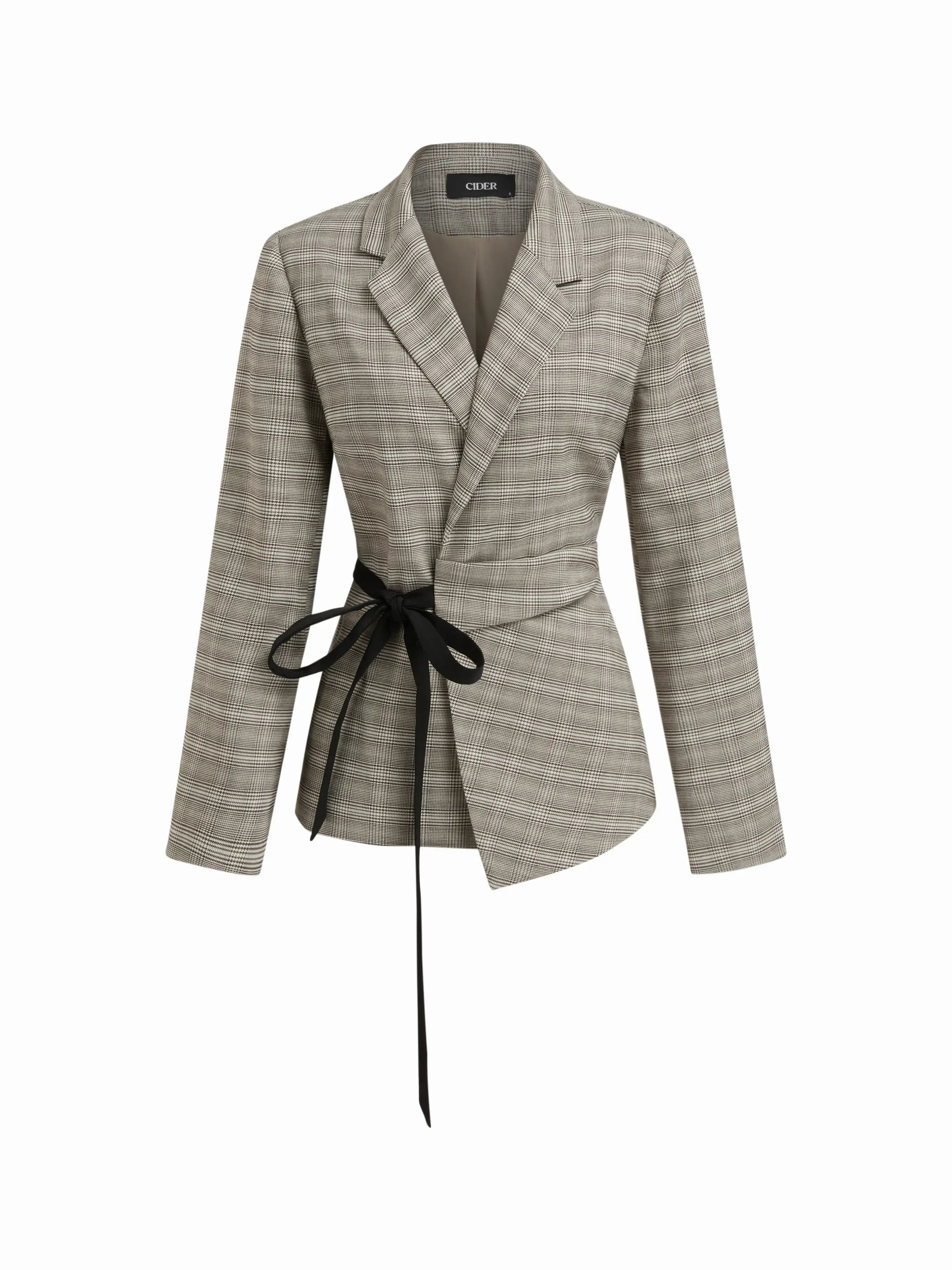 Houndstooth Notched Collar Tie Side Bowknot Asymmetrical Hem Blazer