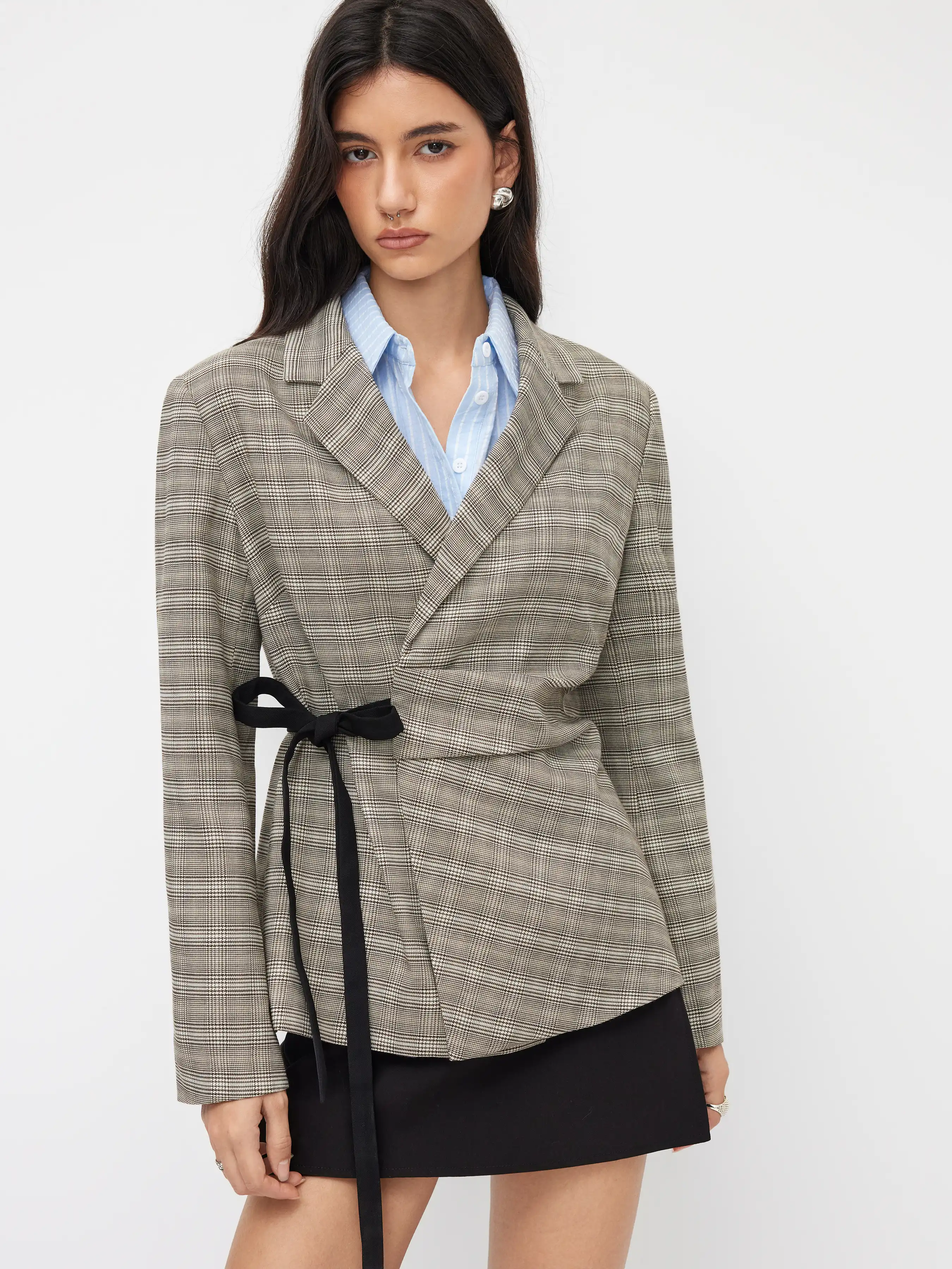 Houndstooth Notched Collar Tie Side Bowknot Asymmetrical Hem Blazer