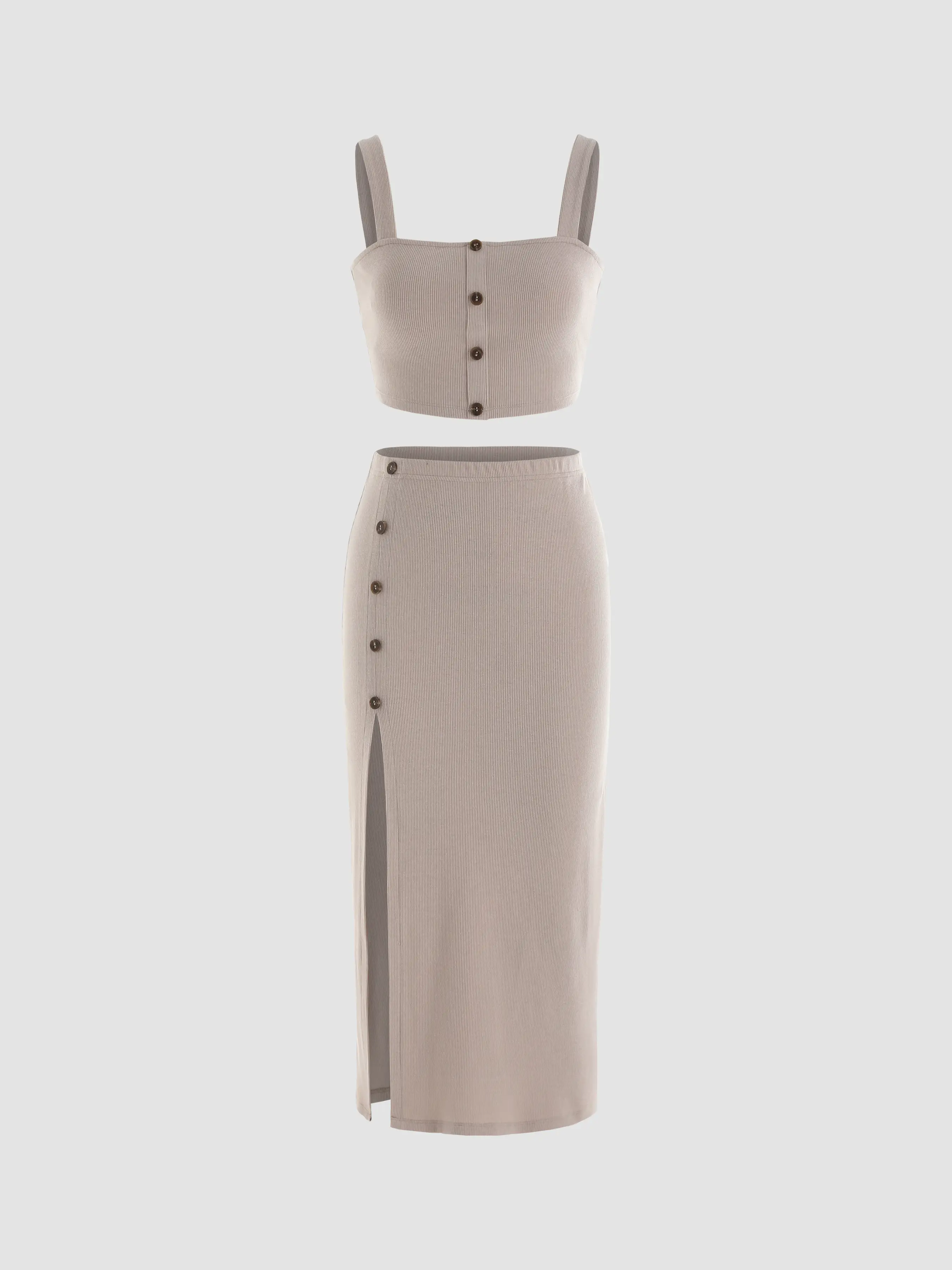 Solid Rib Crop Tank Top & Slit Skirt Set