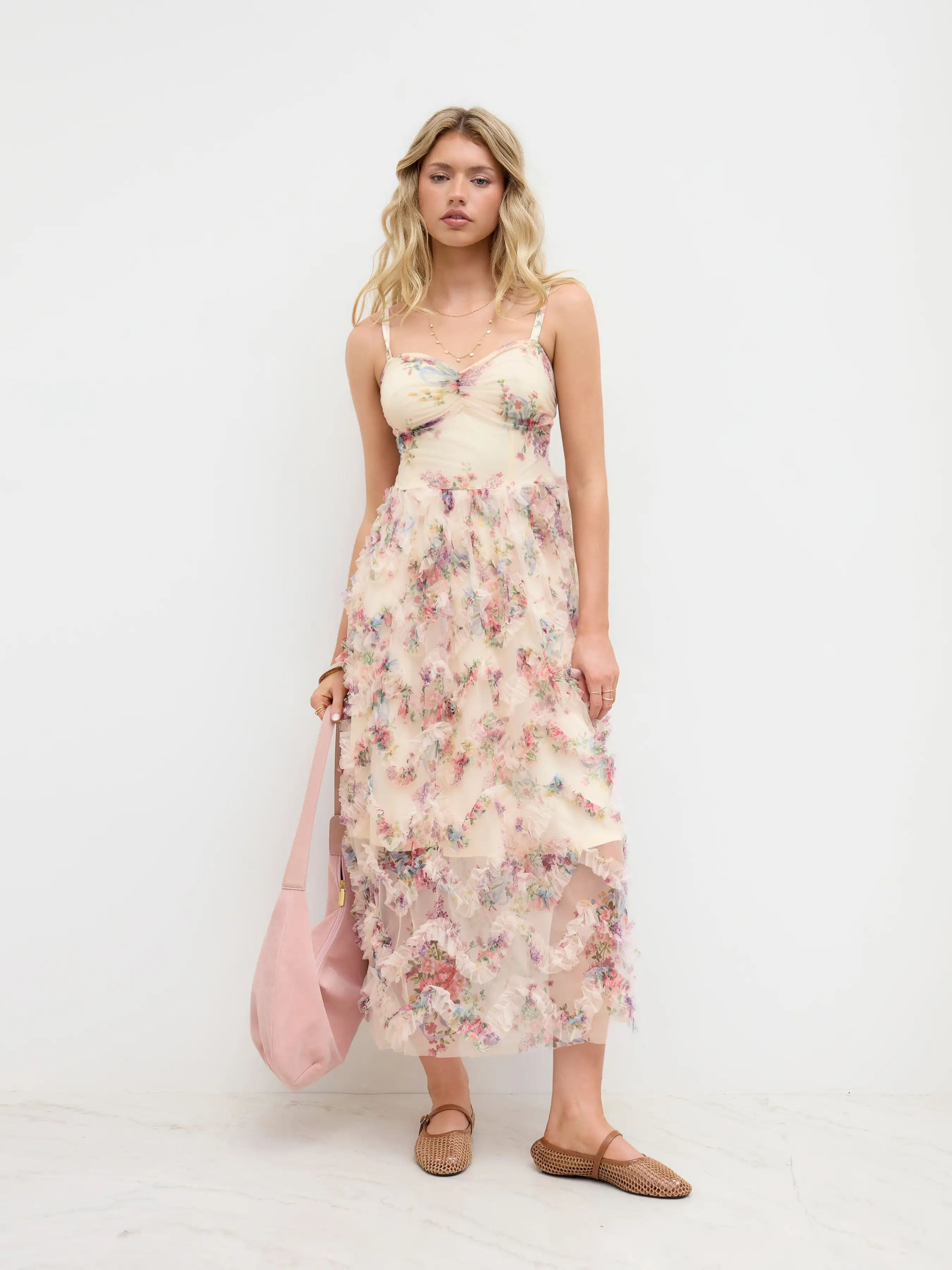 Mesh Square Neck Floral Lettuce Trim Ruffle Maxi Dress