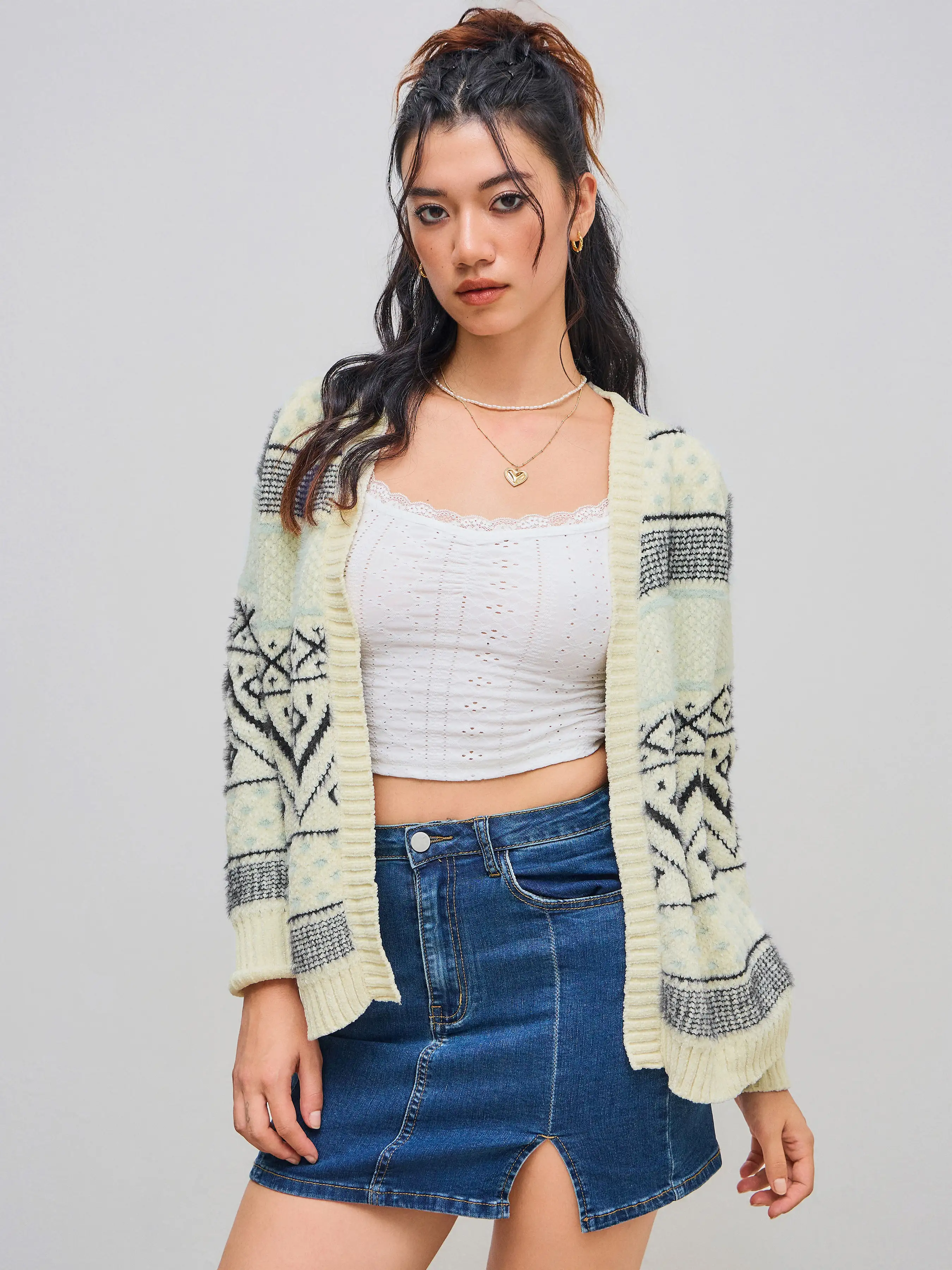 Knit Geometric Print Pocket Cardigan