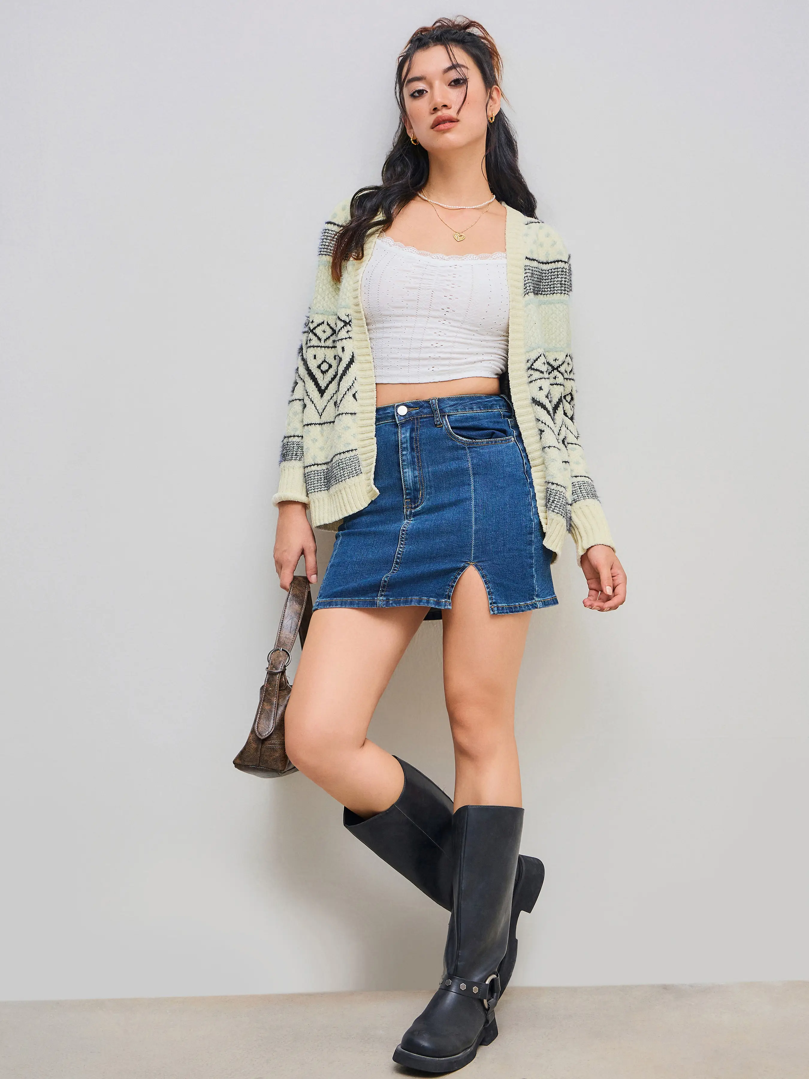 Knit Geometric Print Pocket Cardigan
