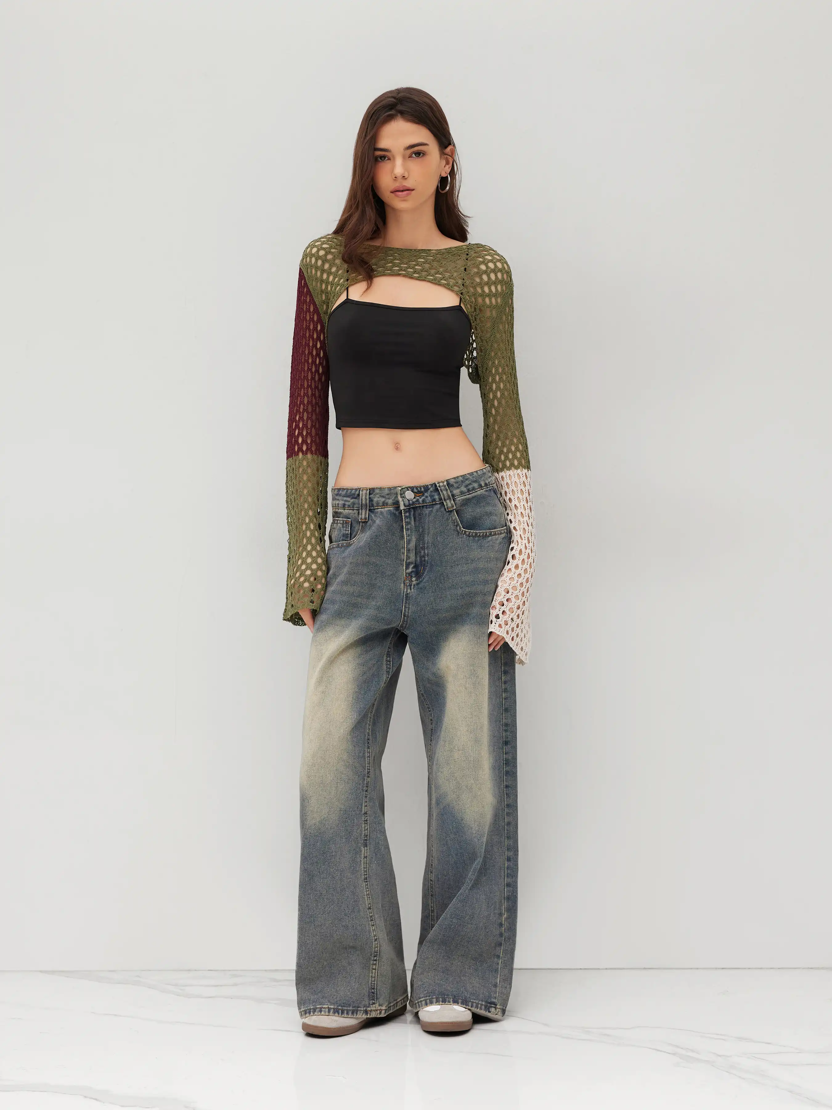 Knit Hollow Out Colorblock Crop Shrug