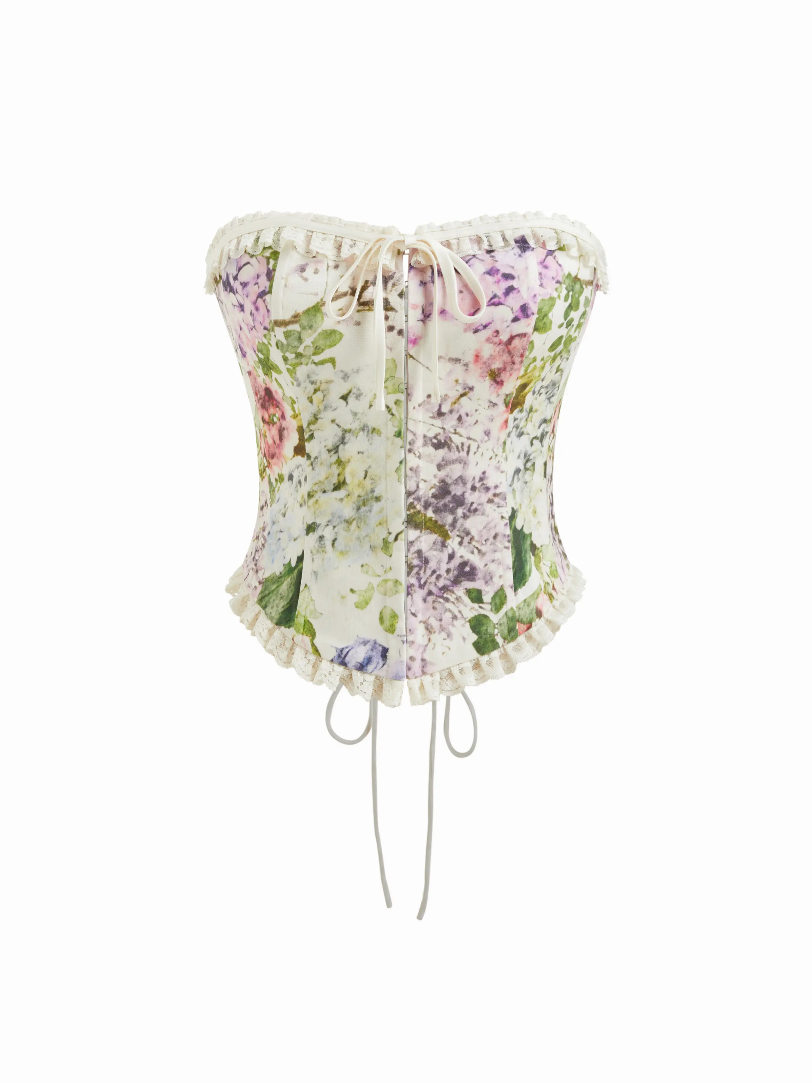 Cotton-blend Floral Lace Up Lettuce Trim Corset Bandeau Top