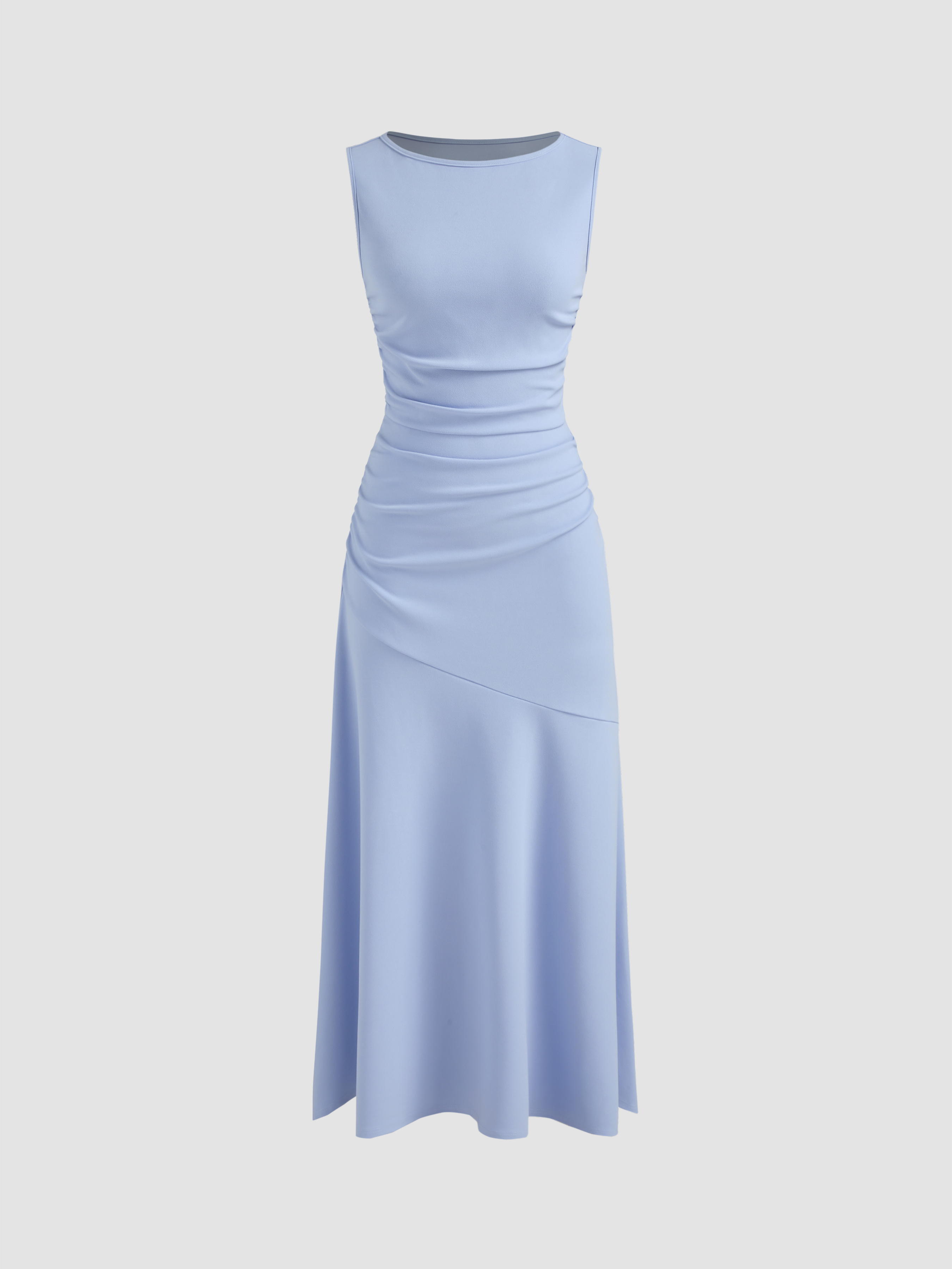 Boat Neck Solid Ruffle Ruched Maxi Dress