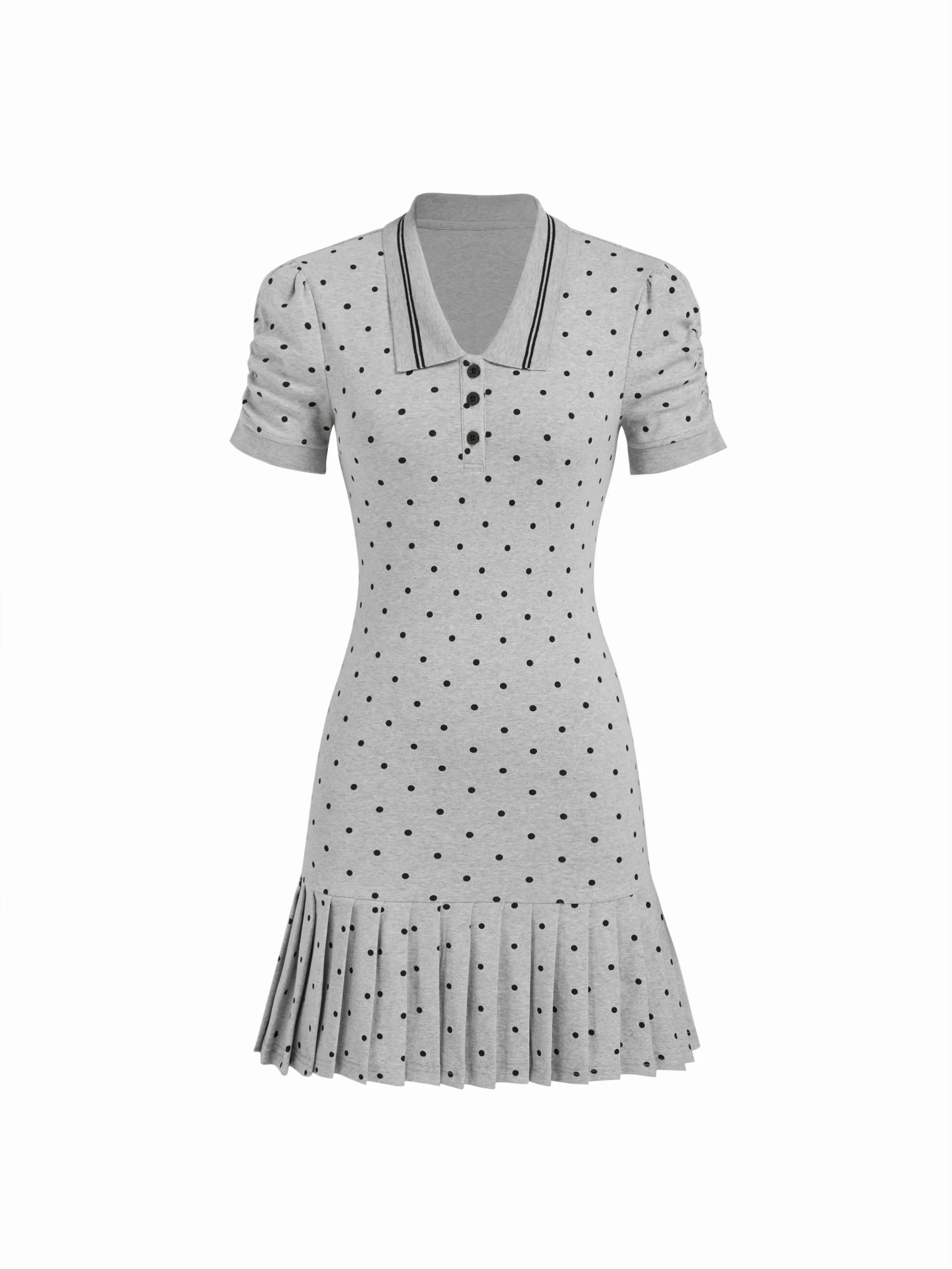 Cotton-blend Polka Dot Polo Neck Short Sleeve Pleated Mini Dress