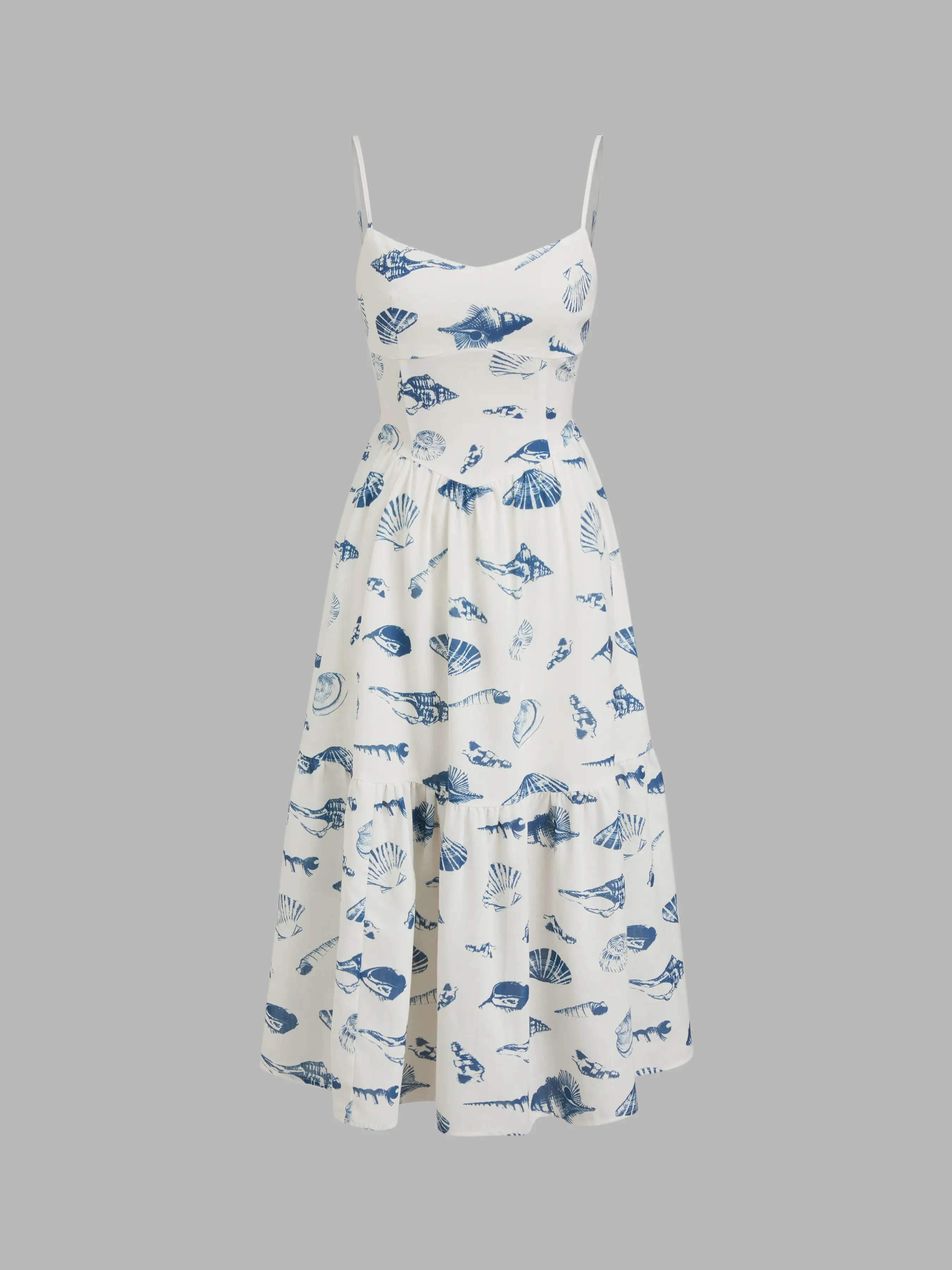 Sweetheart Neckline Seafoods Pattern Ruffle Lace Up Midi Dress