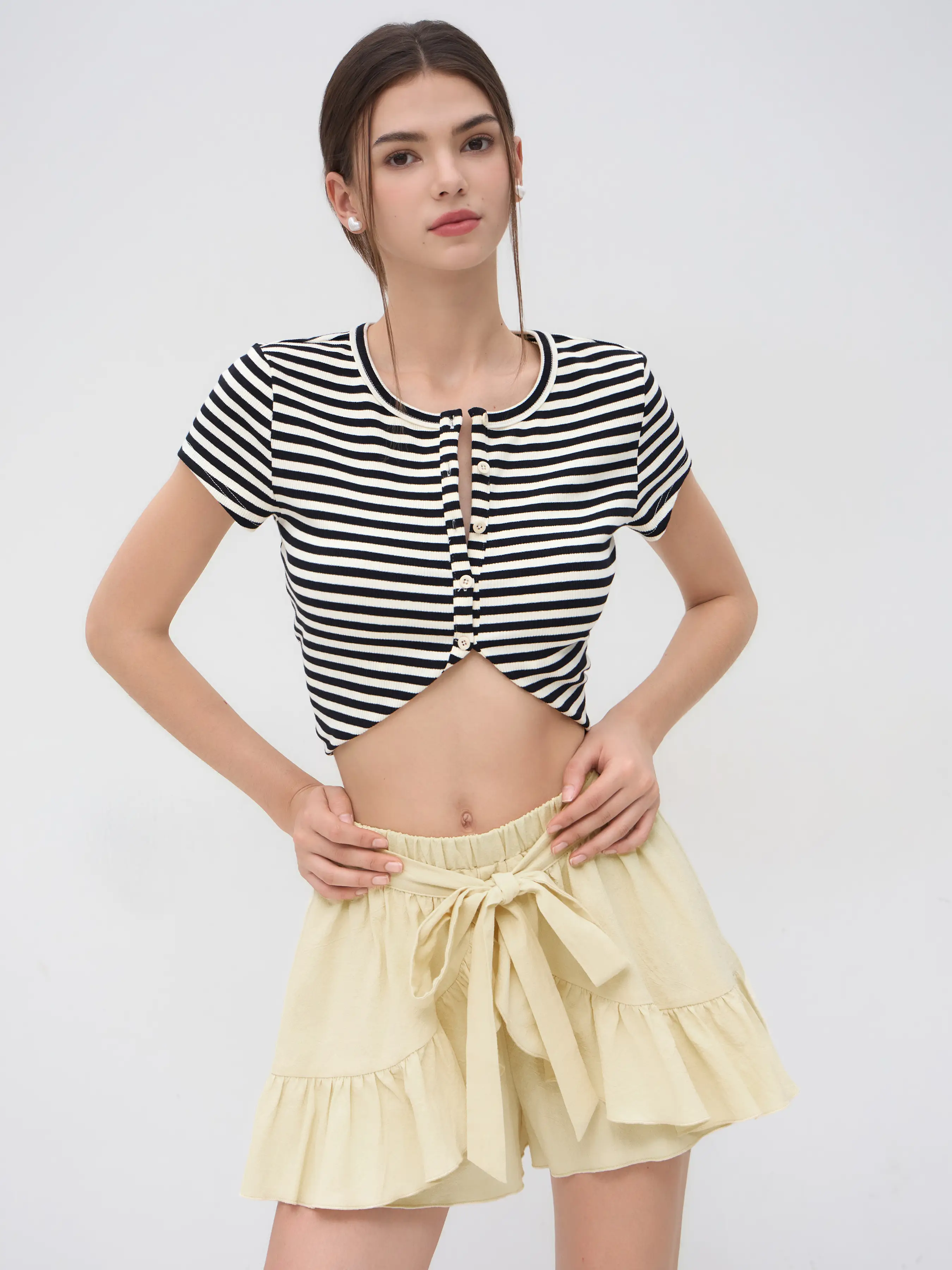 100% Cotton Mid Rise Elastic Waist Knotted Ruffle Shorts