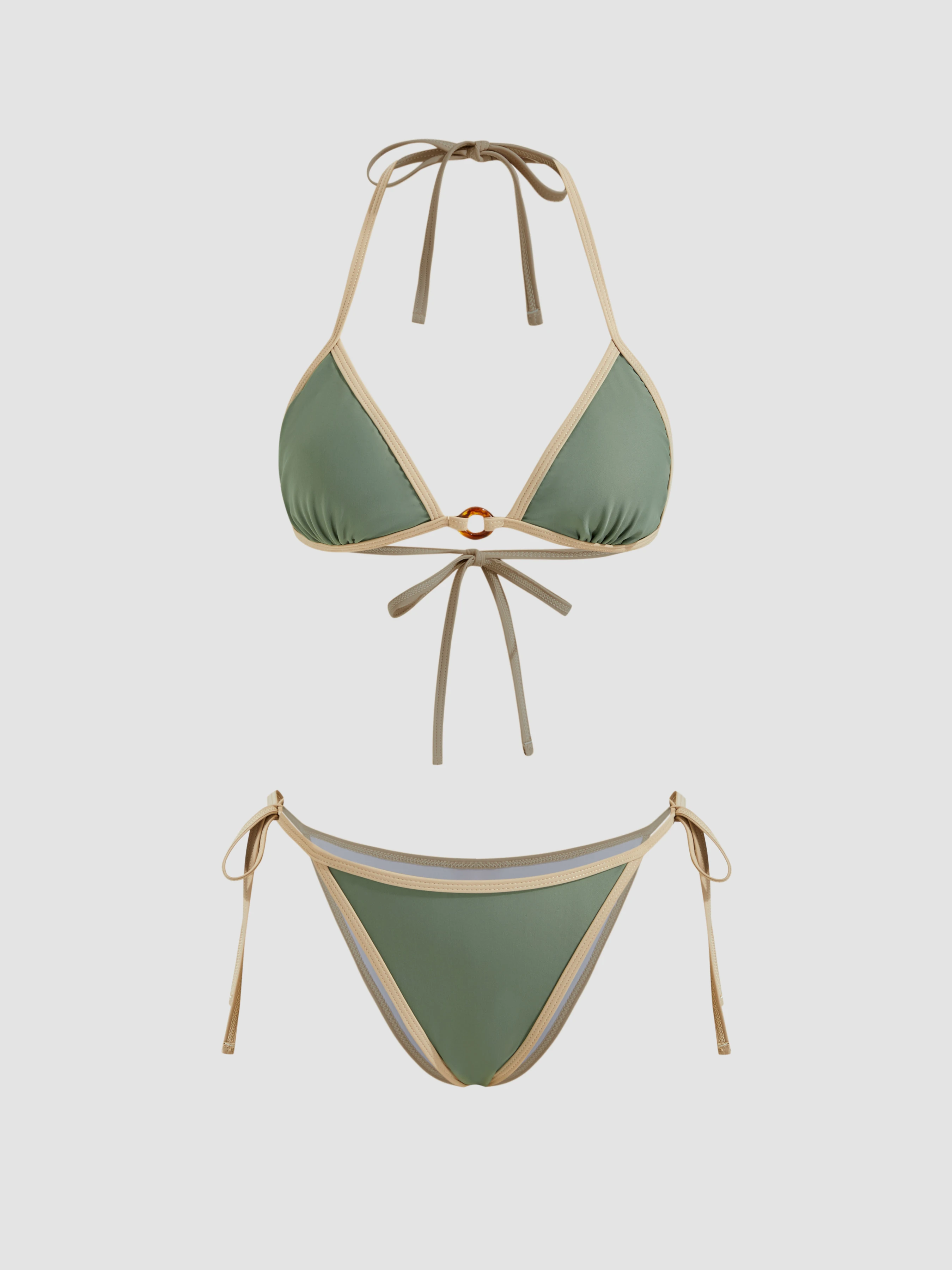 V-neck Contrasting Binding O-ring Halter Tie Side Bikini Set