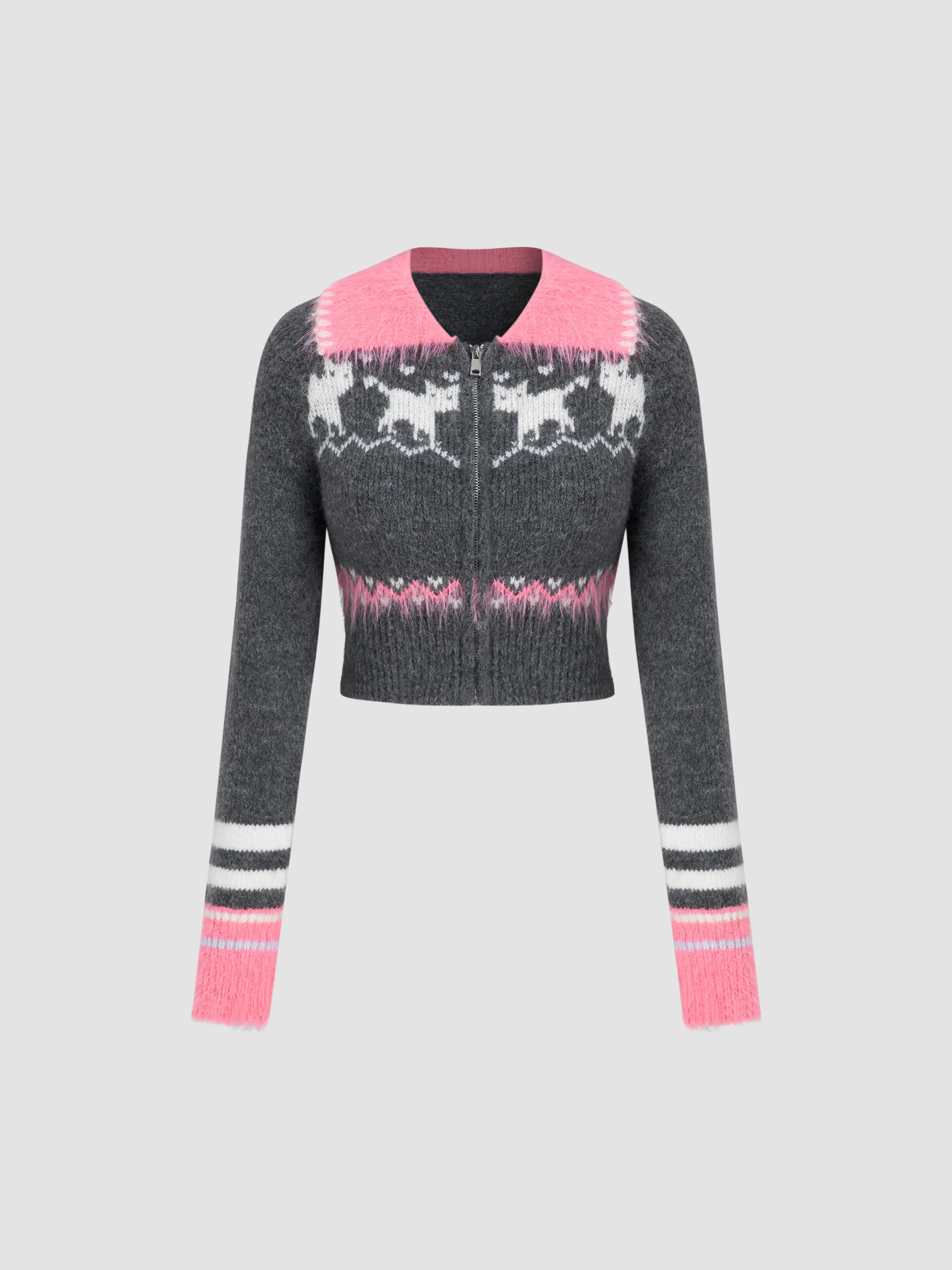 Knit Collar Cat Graphic Patched Cardigan