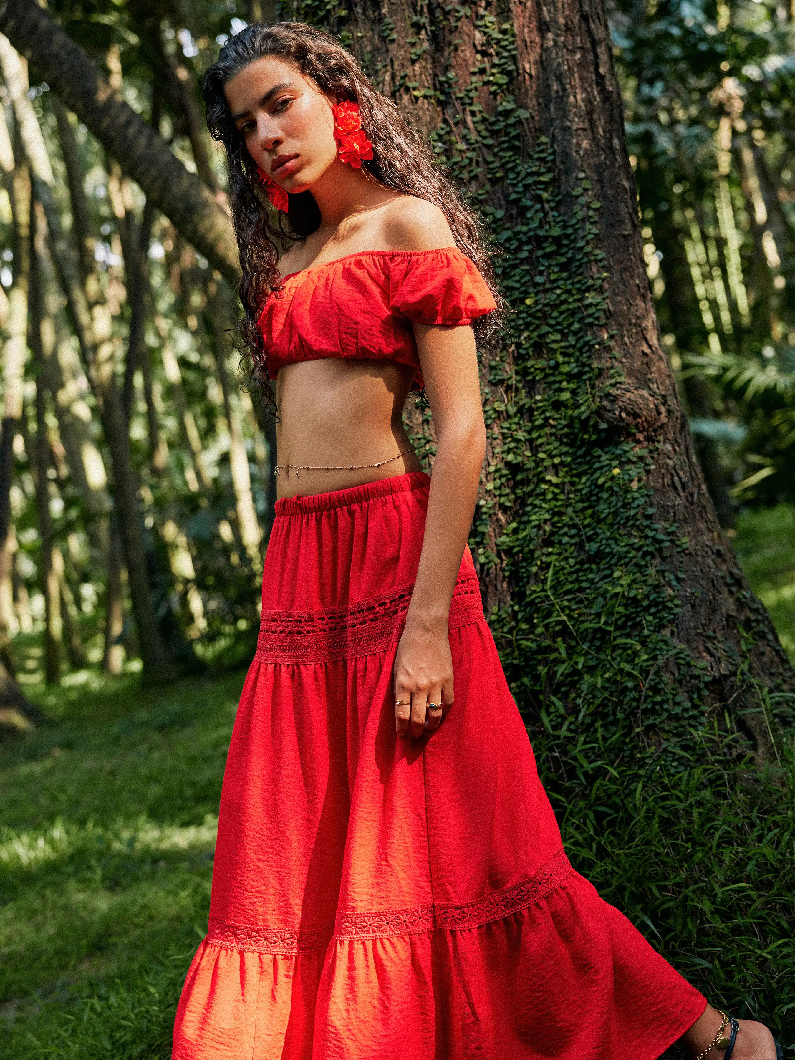 Mid Rise Solid Floral Embroidery Knotted Maxi Skirt