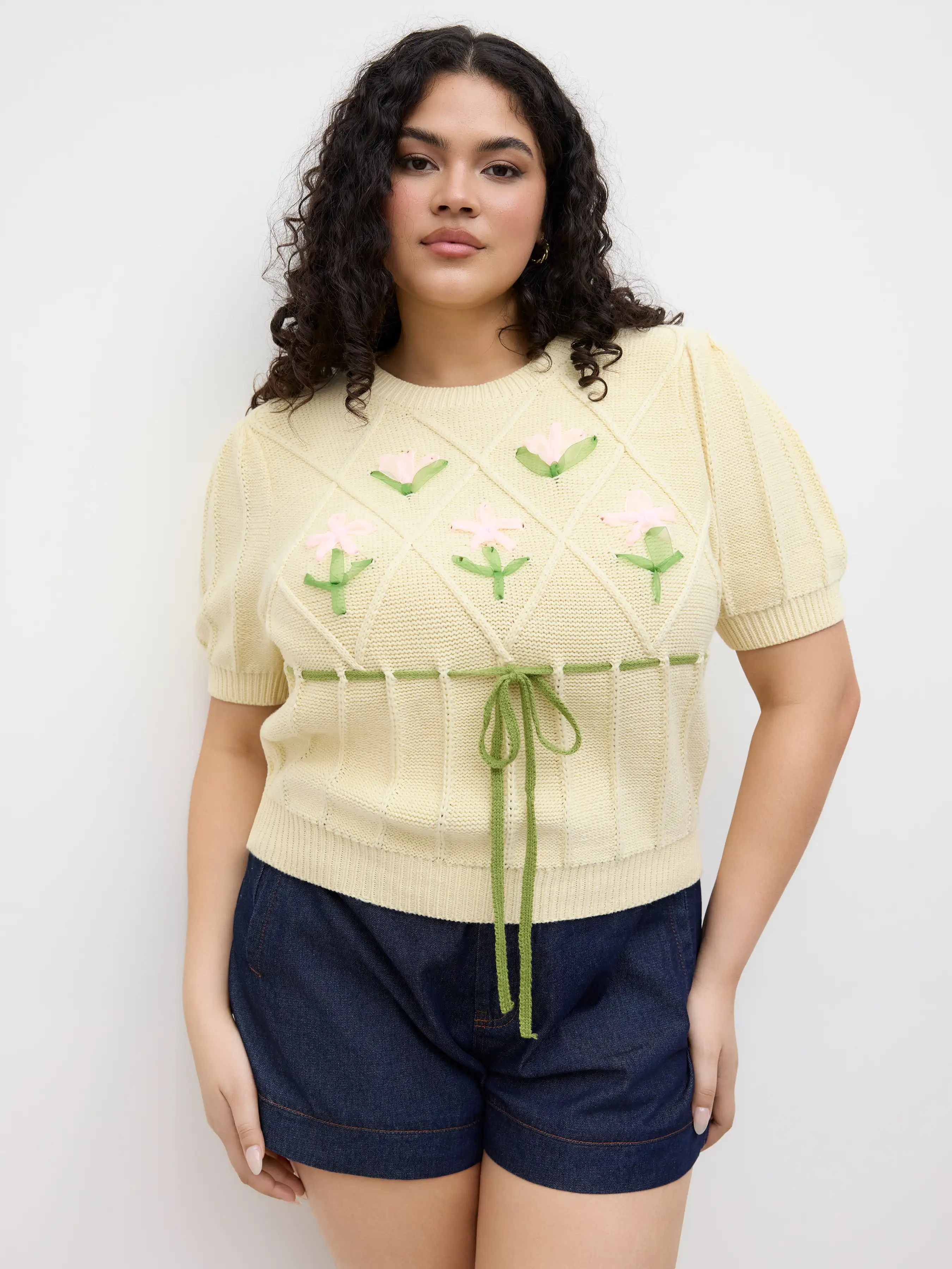Knit Flower Bowknot Top Curve & Plus
