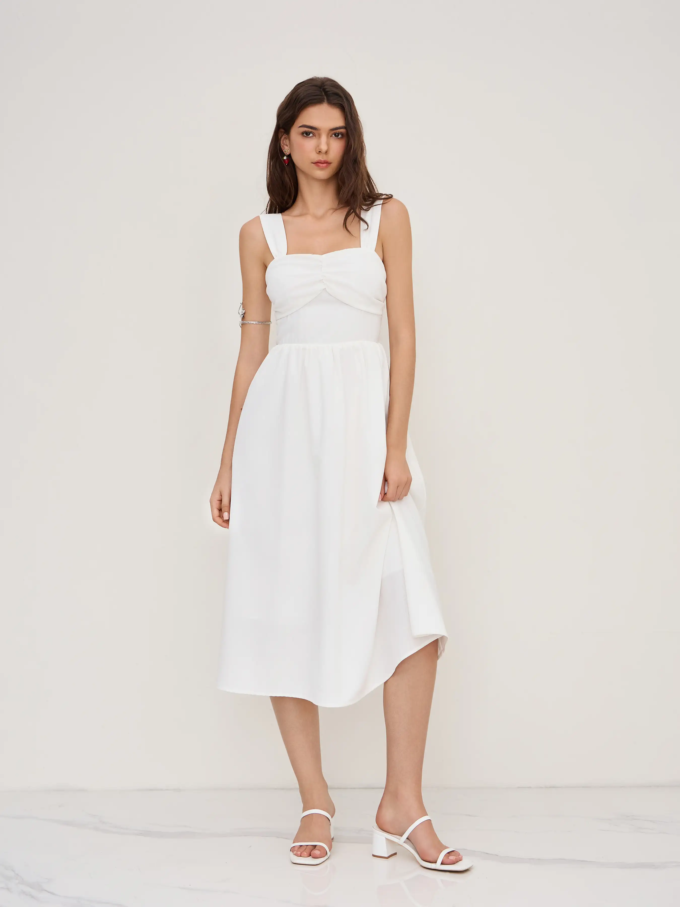 Linen-blend Square Neck Shirred Ruffle Midi Dress