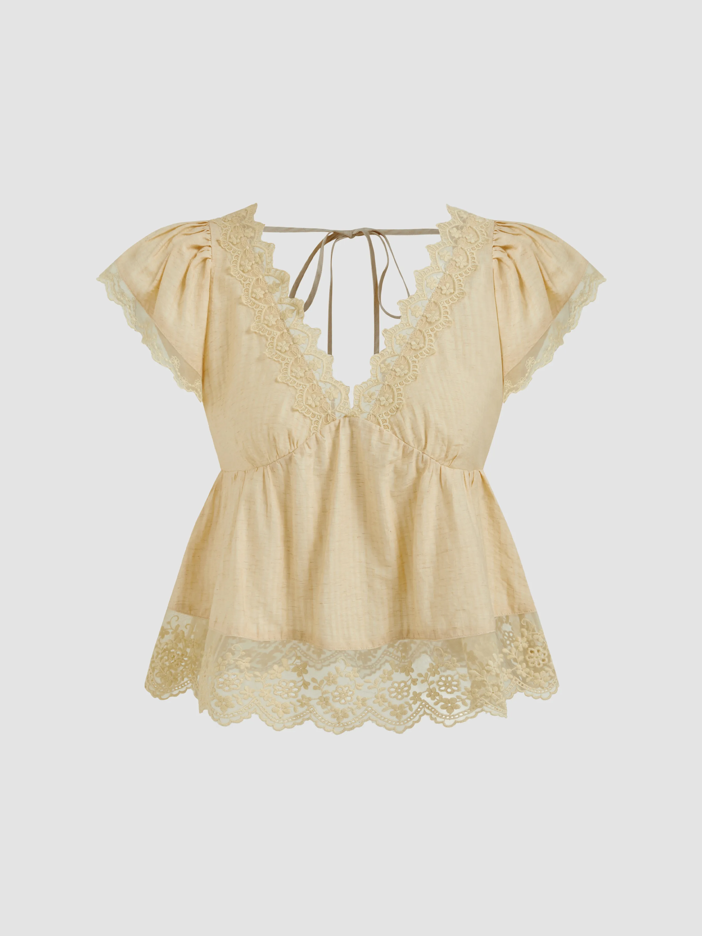 V-neck Embroidery Lace Trim Knotted Blouse