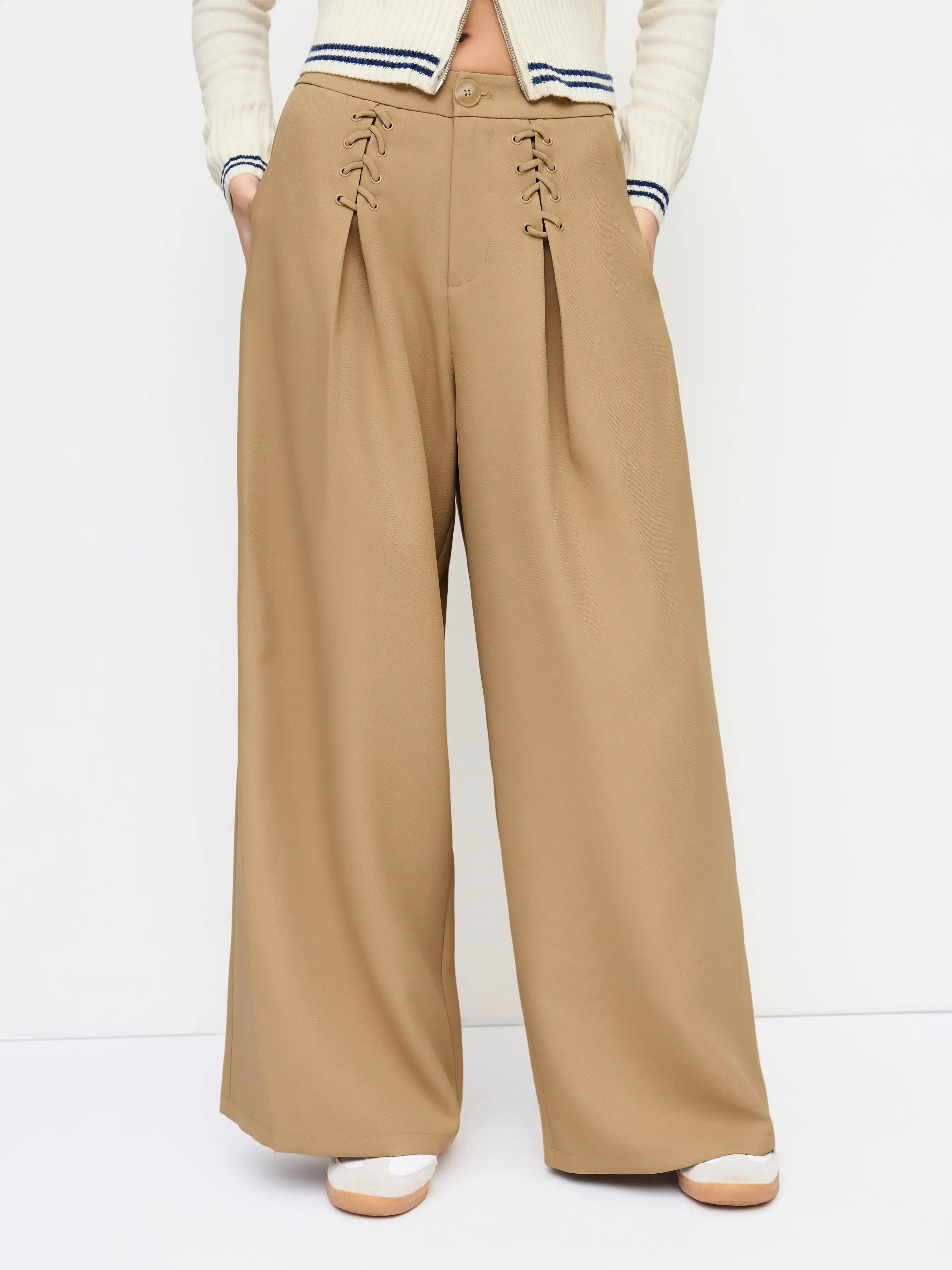 Mid Rise Elastic Waist Lace Up Wide Leg Trousers