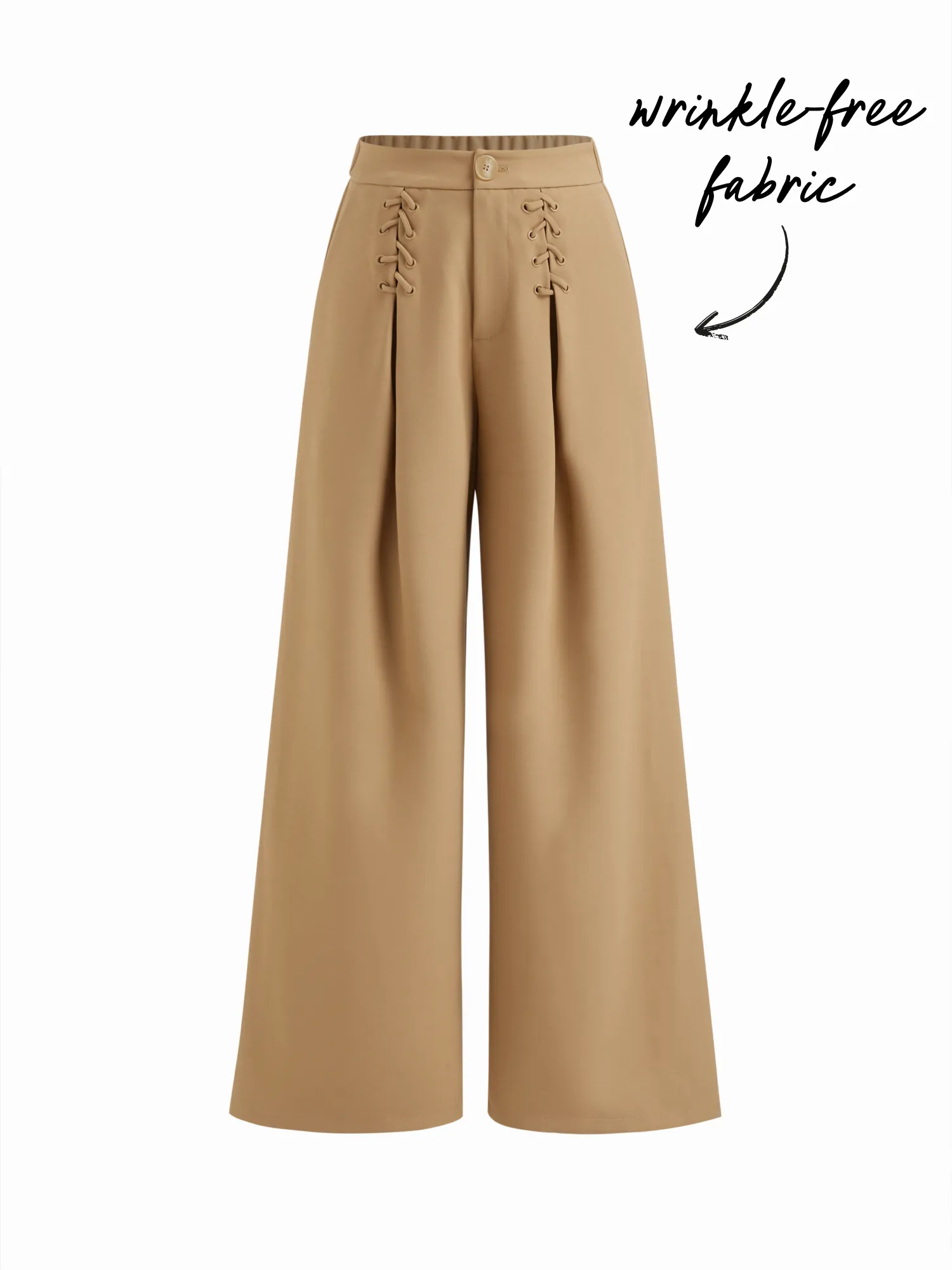 Mid Rise Elastic Waist Lace Up Wide Leg Trousers